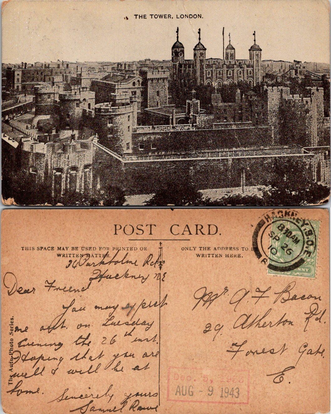 Tower of London Postcard Vintage 1943 Used Real Photo Antique London Postcard