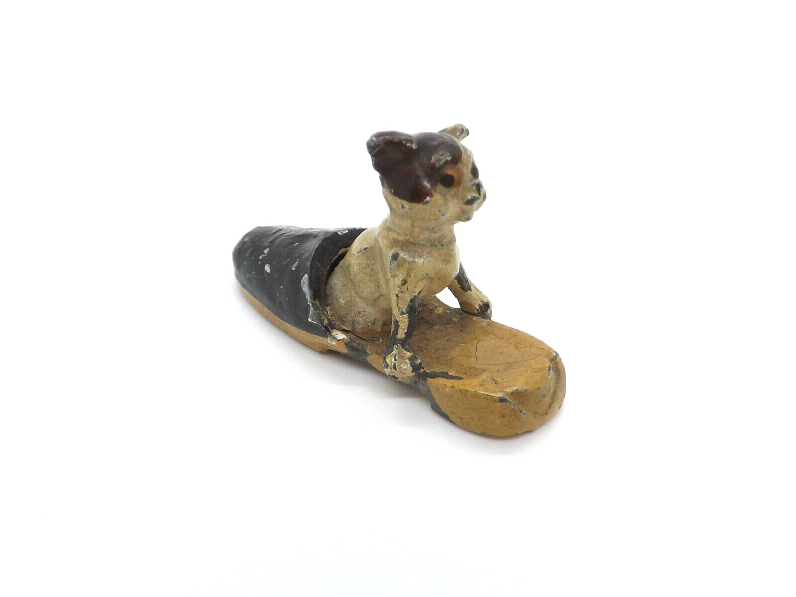Antique Painted White Metal Cat in Slipper Shoe Figurine