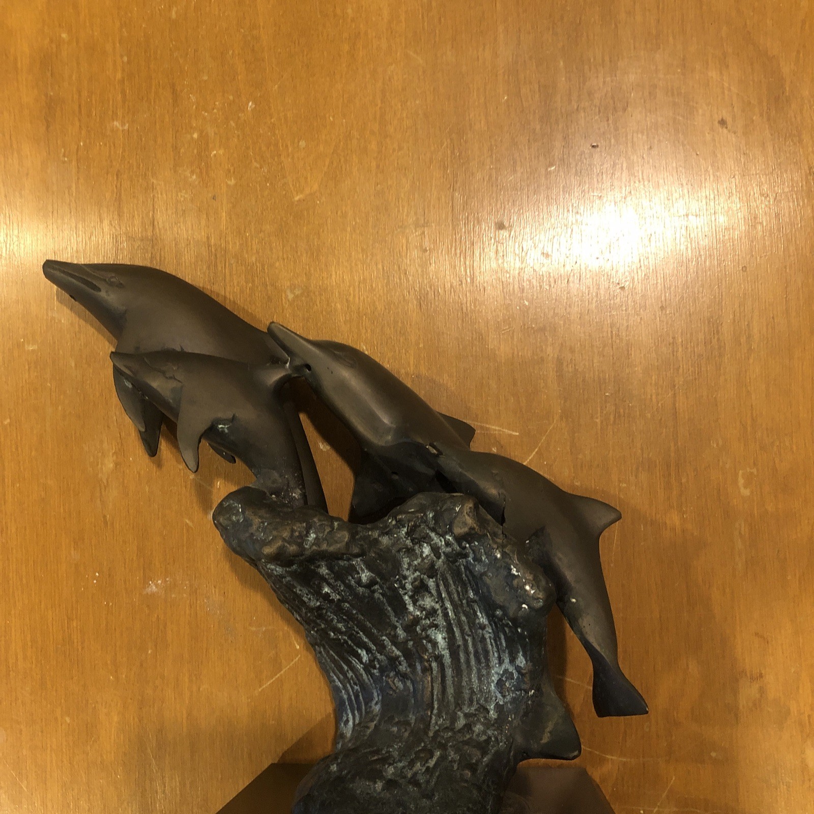 Vintage RARE, SPI Bronze 4-Dolphin Riding Ocean Wave Sculpture Figurine