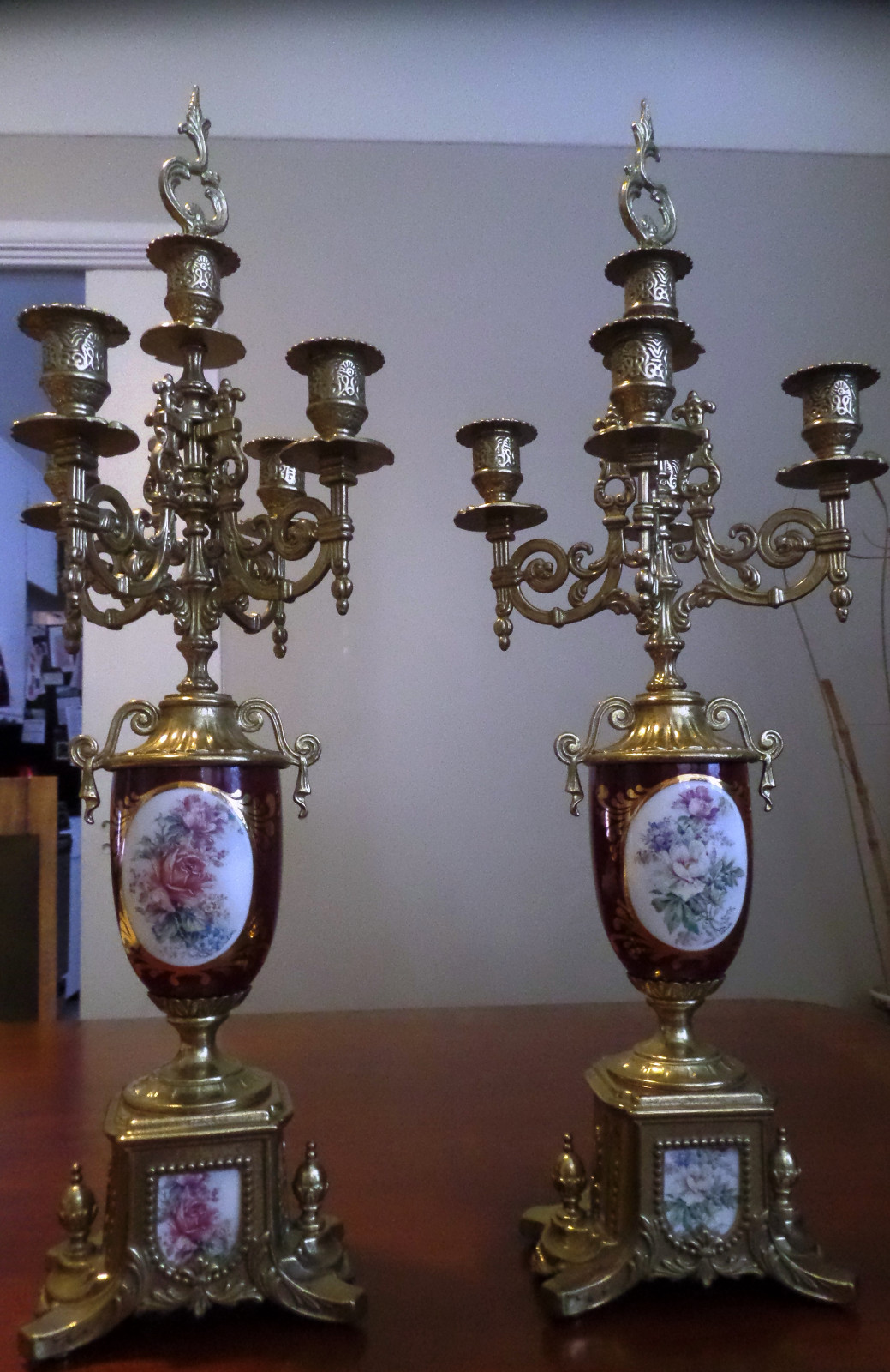 2SET: 5ARM ITALIAN,GILDED/BRONZEBRASS FLOWER MAROONRED PORCELAIN EXC. 23