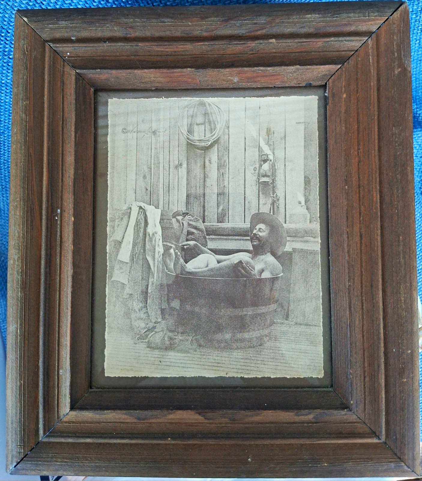 Vintage R Hendrickson Cowboy In Bathtub Art Print Framed 