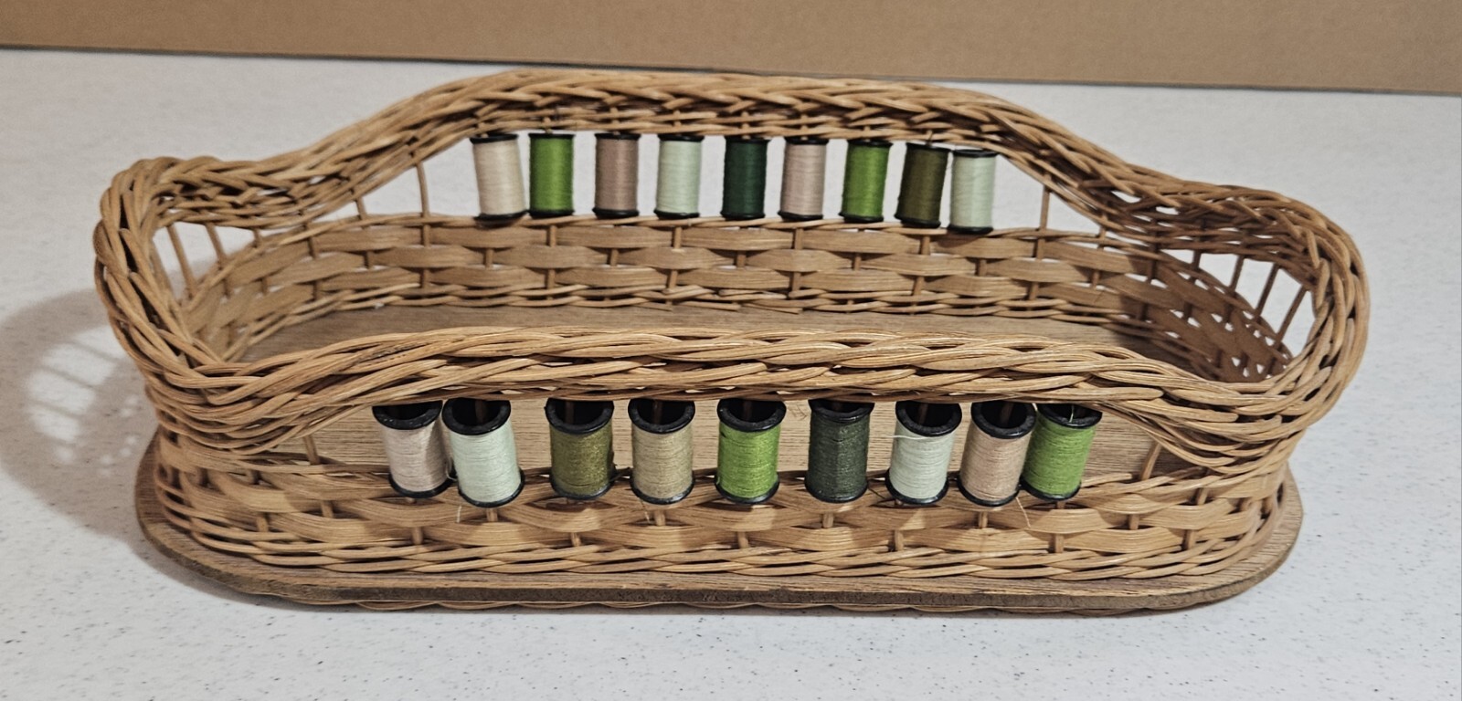Woven Wicker Sewing Basket/ Tray With Wood Bottom Handmade 12.5\