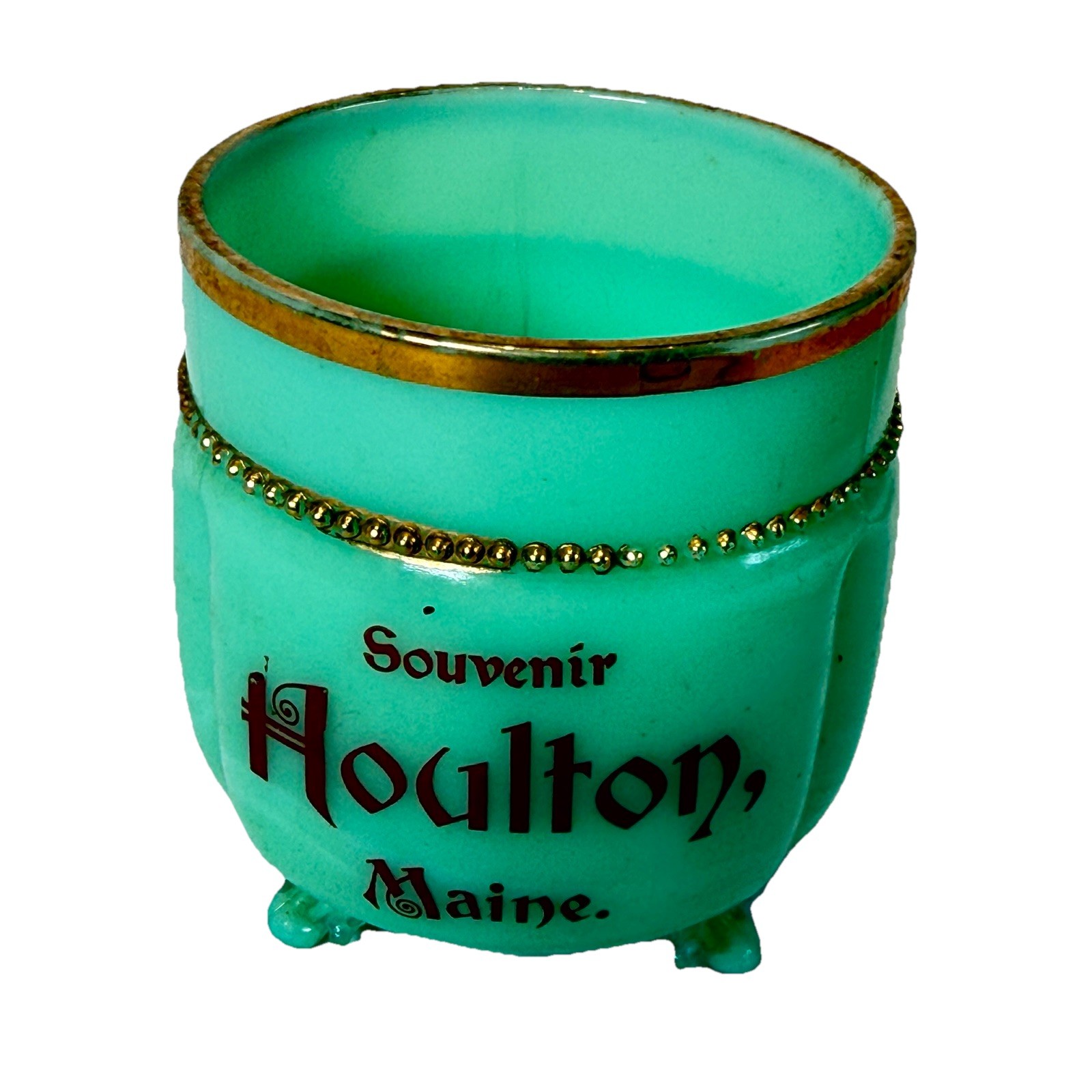 HOULTON, MAINE ME Uranium Antique GREEN Jade Custard Glass Souvenir Cup Trinket