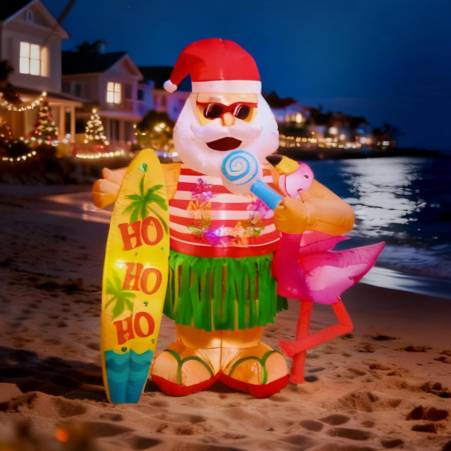 6FT Christmas Inflatable Hawaiian Santa Claus with Flamingo and Surfboard Outdoo 6FT Christmas Inflatable Hawaiian Santa Claus with Flamingo and Surfboard Outdoo