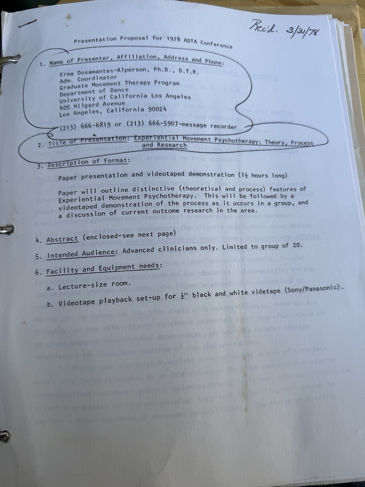 13th Annual American Dance Therapy Association (ADTA) Conference 1978 Binder