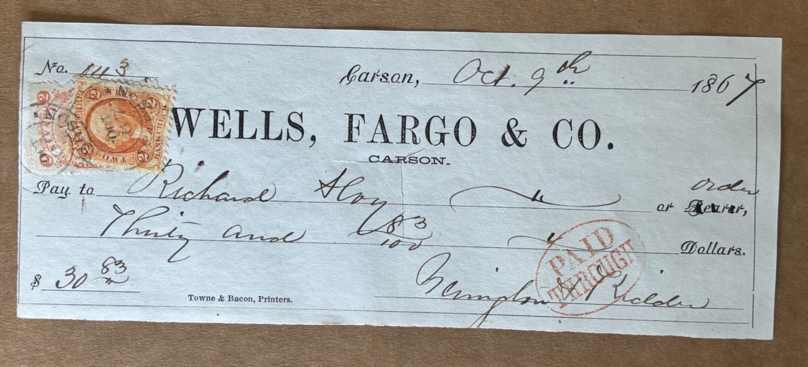 1867 Carson City Nevada NV Revenue Stamp Wells Fargo Check H M Yerington Kidder