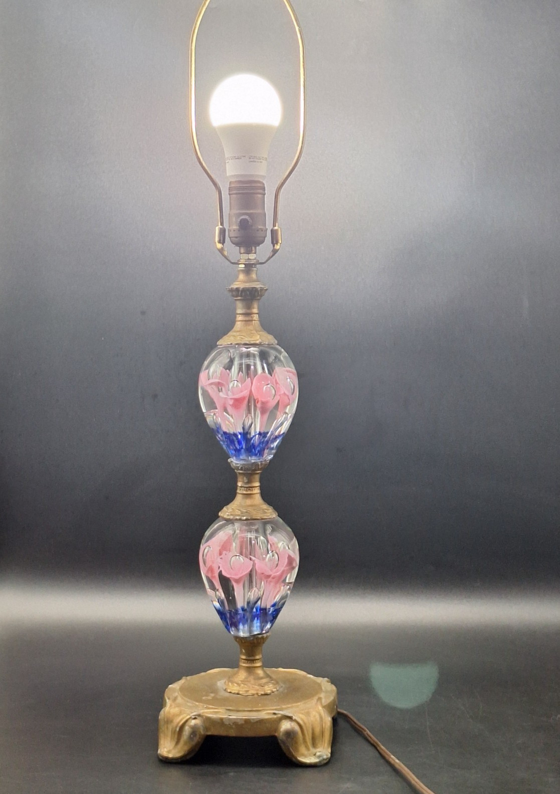 Vtg St Clair Joe Rice Art Glass Paperweight Table Lamp Pink Trumpet Flower READ
