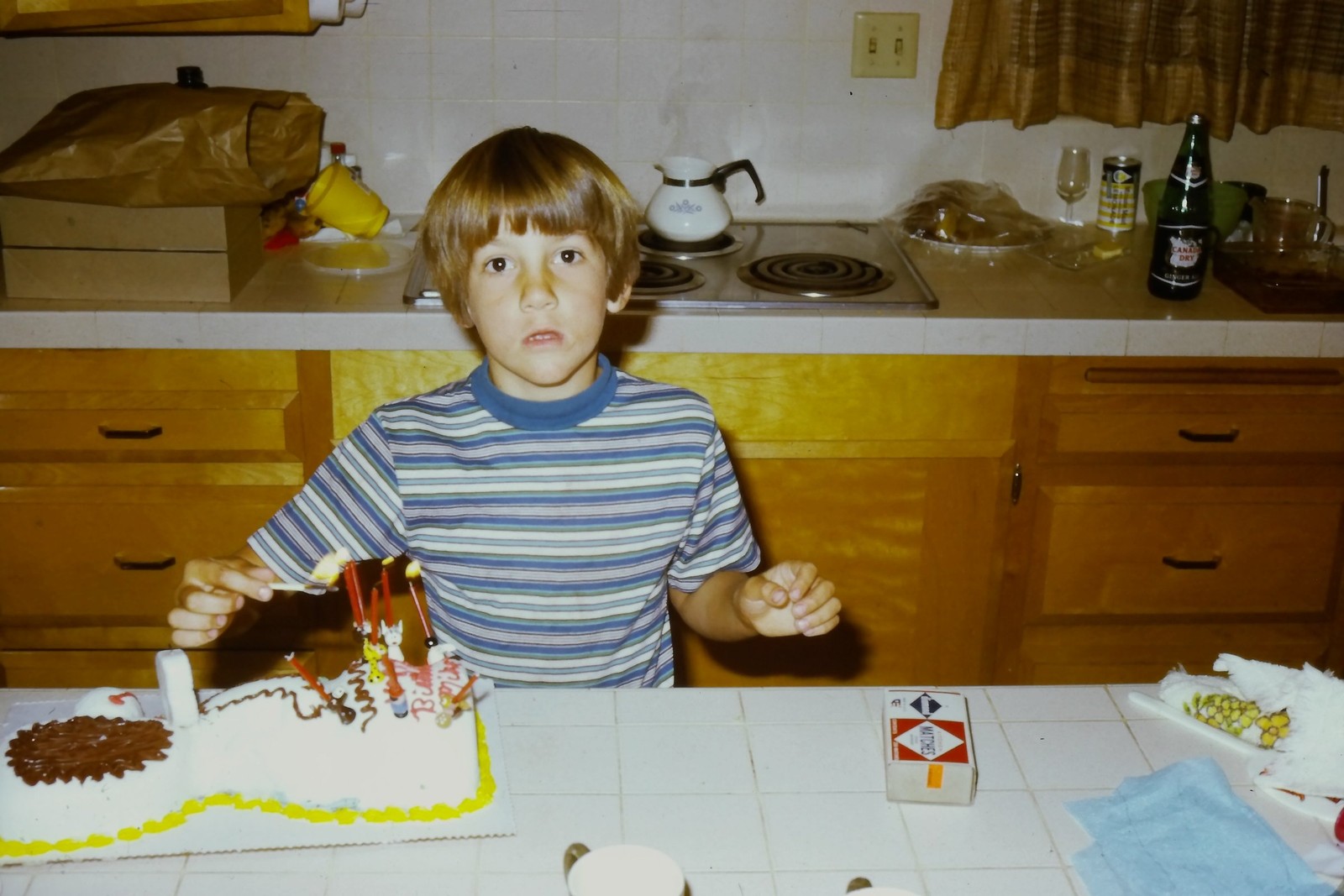 c1970\'s Kodachrome 35mm Slide, Mid Century Kitchen Birthday Cake Boy Family