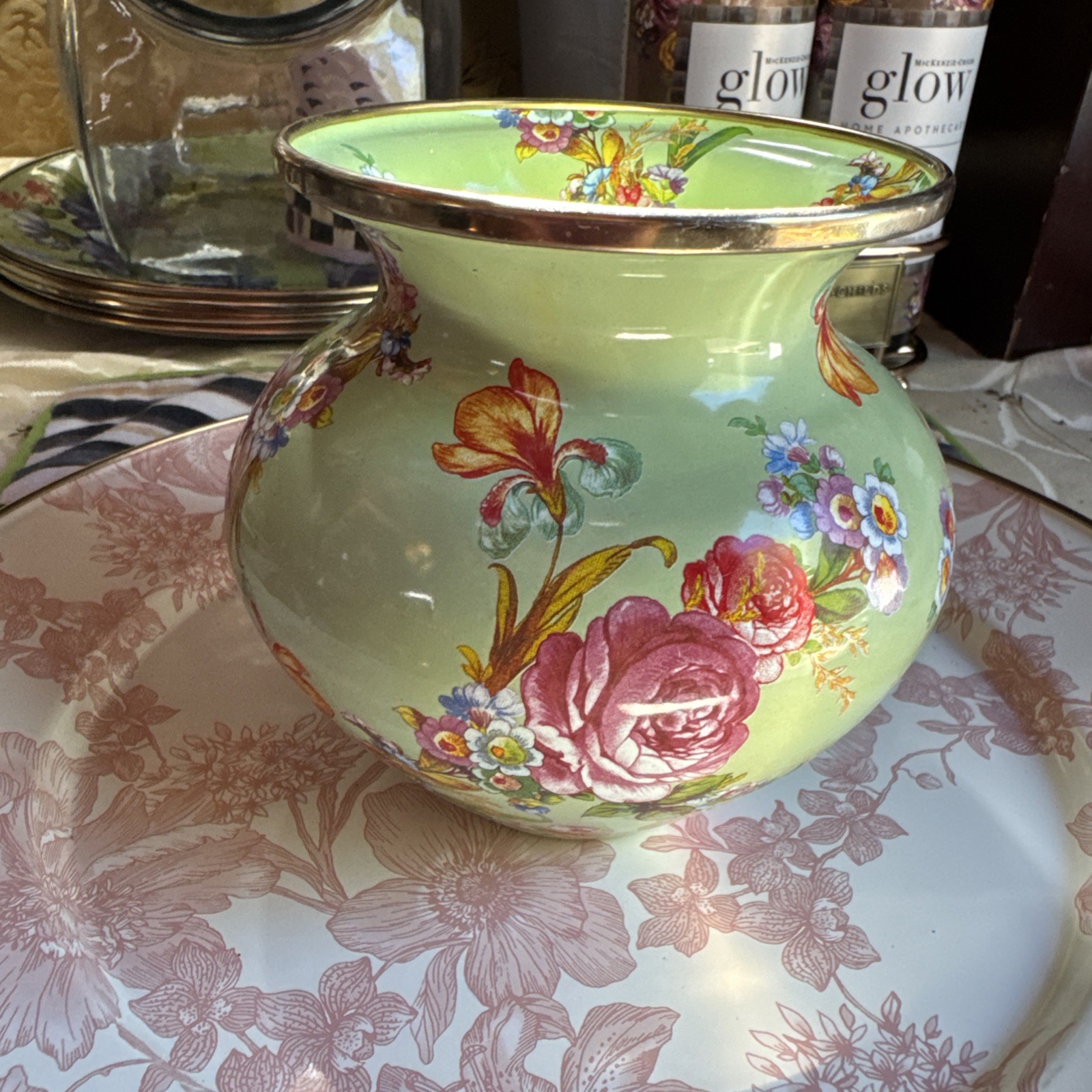Retired Mackenzie Childs Green Flower Market  Enamel Medium 5” Vase Read