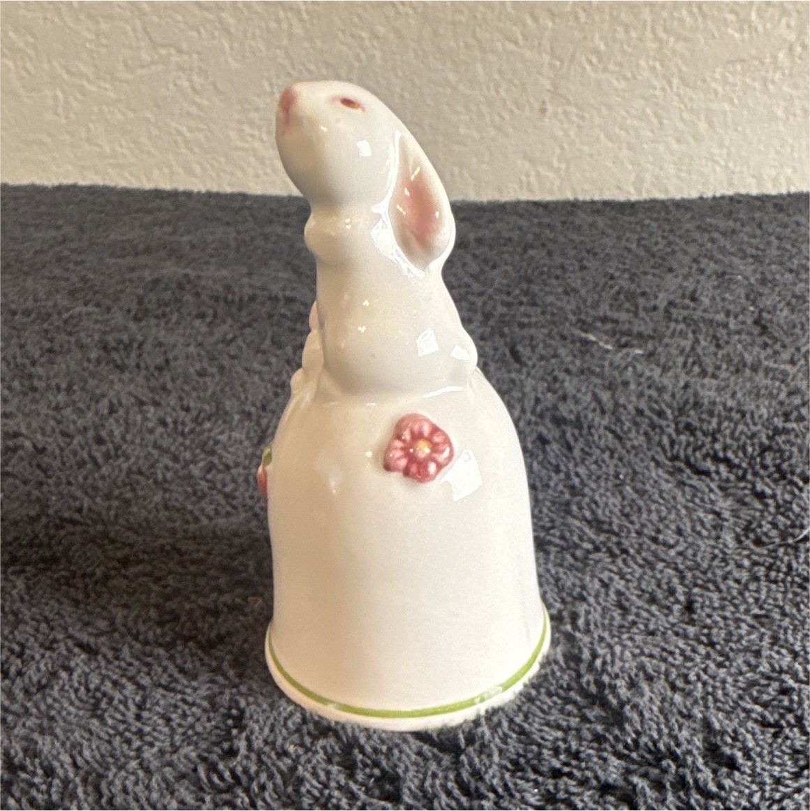 Avon 1984 Ceramic Rabbit Bell Floral Glazed 3D White Pink Green
