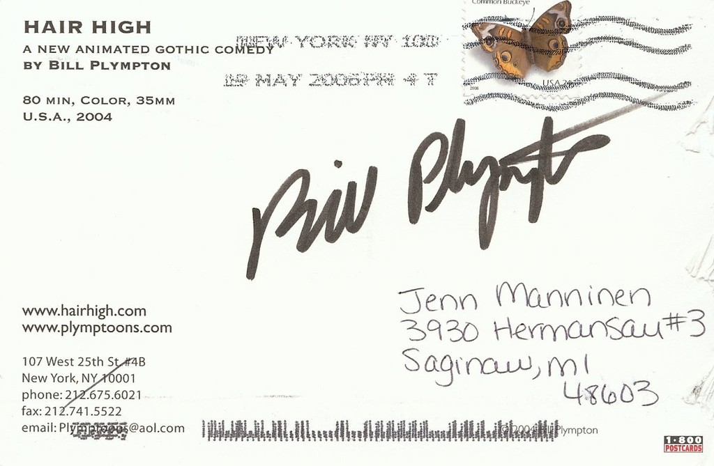 Bill Plympton cartoonist Signed Hair High Postcard