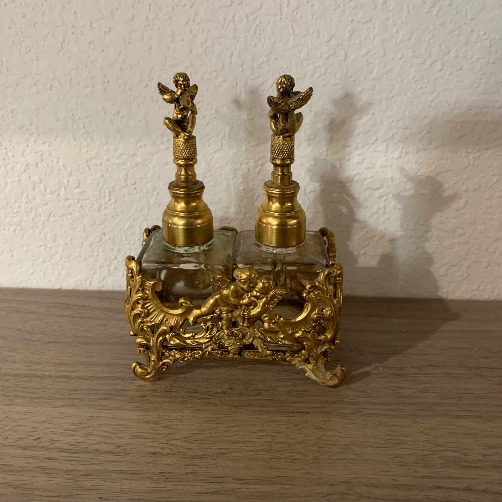 Vintage Globe 24KT Gold Plated Cherub Perfume Bottle Set Ornate Filigree Caddy