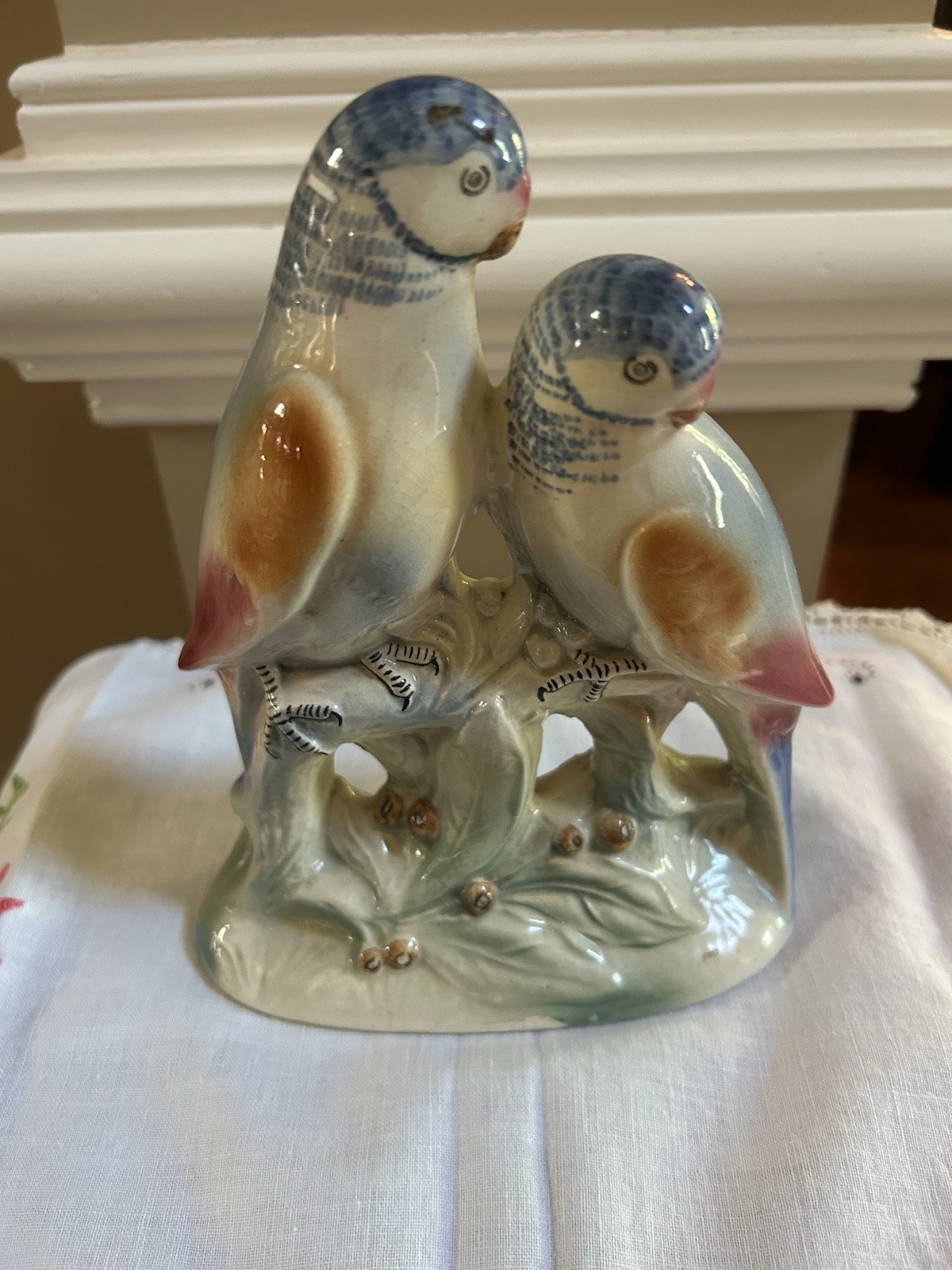Porcelain Budgerigar Parakeet Bird Figurine Pair Blue & Yellow Collectible