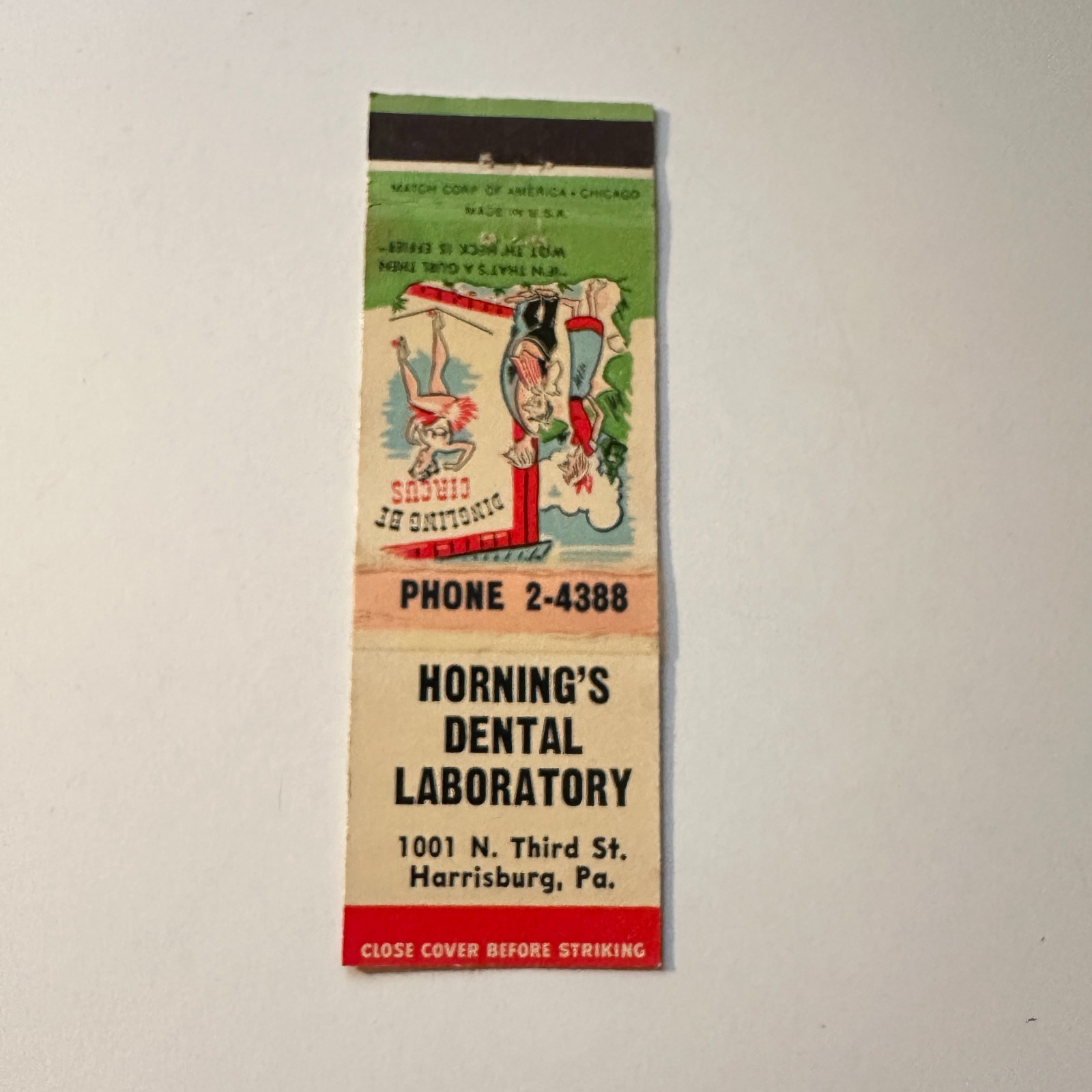 Horning\'s Dental Laboratory Harrisburg PA Vintage Matchbook Cover 5MB126-6-3