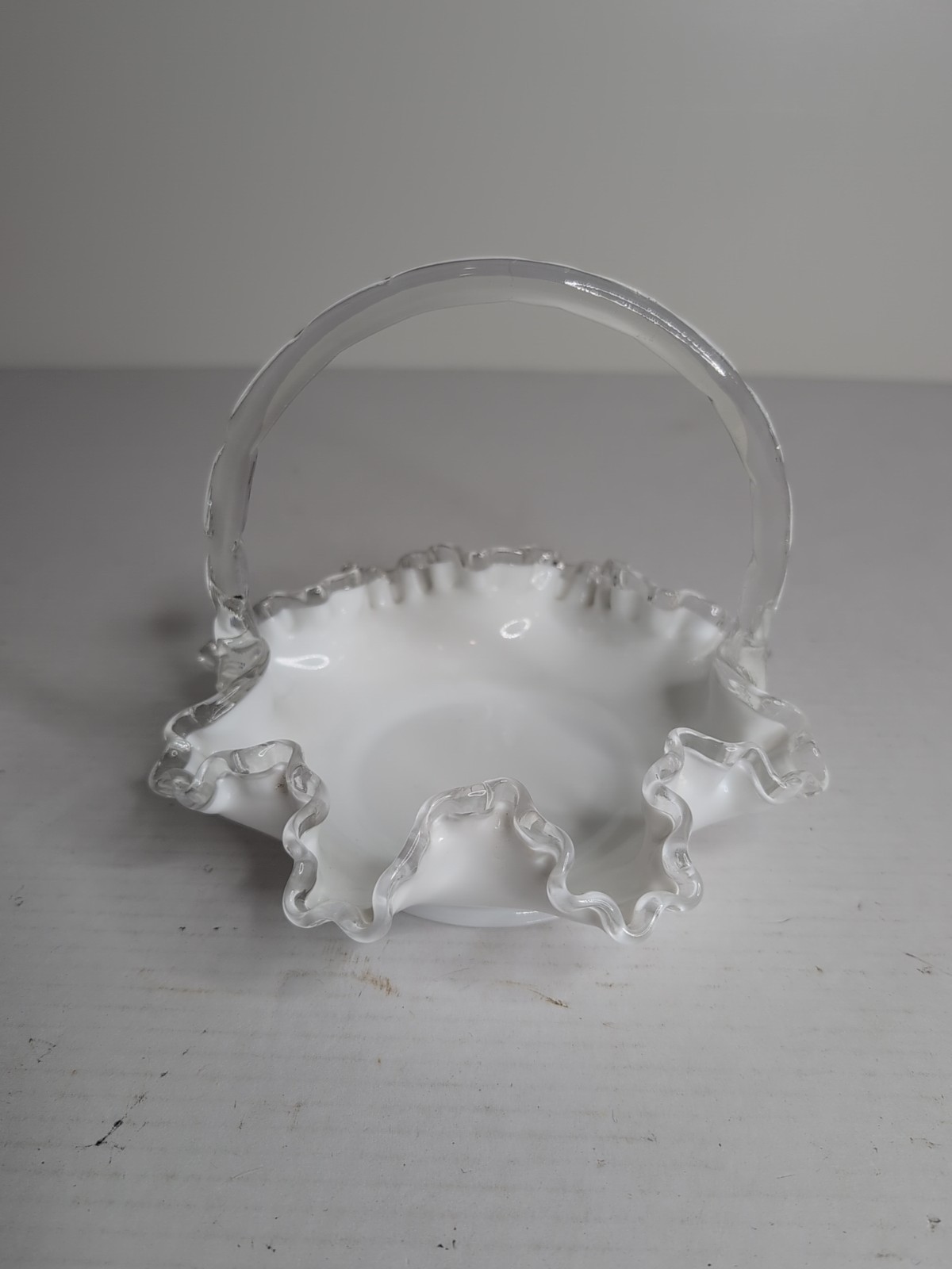 VTG Fenton Silver Crest Milk Glass Ruffled Crimped Edge White Basket w/Handle 8