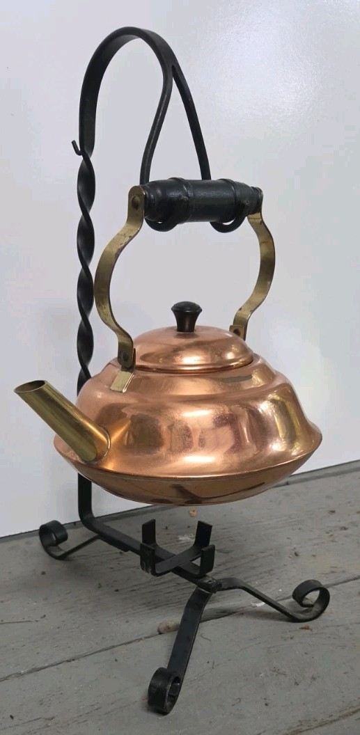 Vintage Copper & Brass Tea Pot / Kettle With Wrought Iron Warming Stand Vintage Copper & Brass Tea Pot / Kettle With Wrought Iron Warming Stand