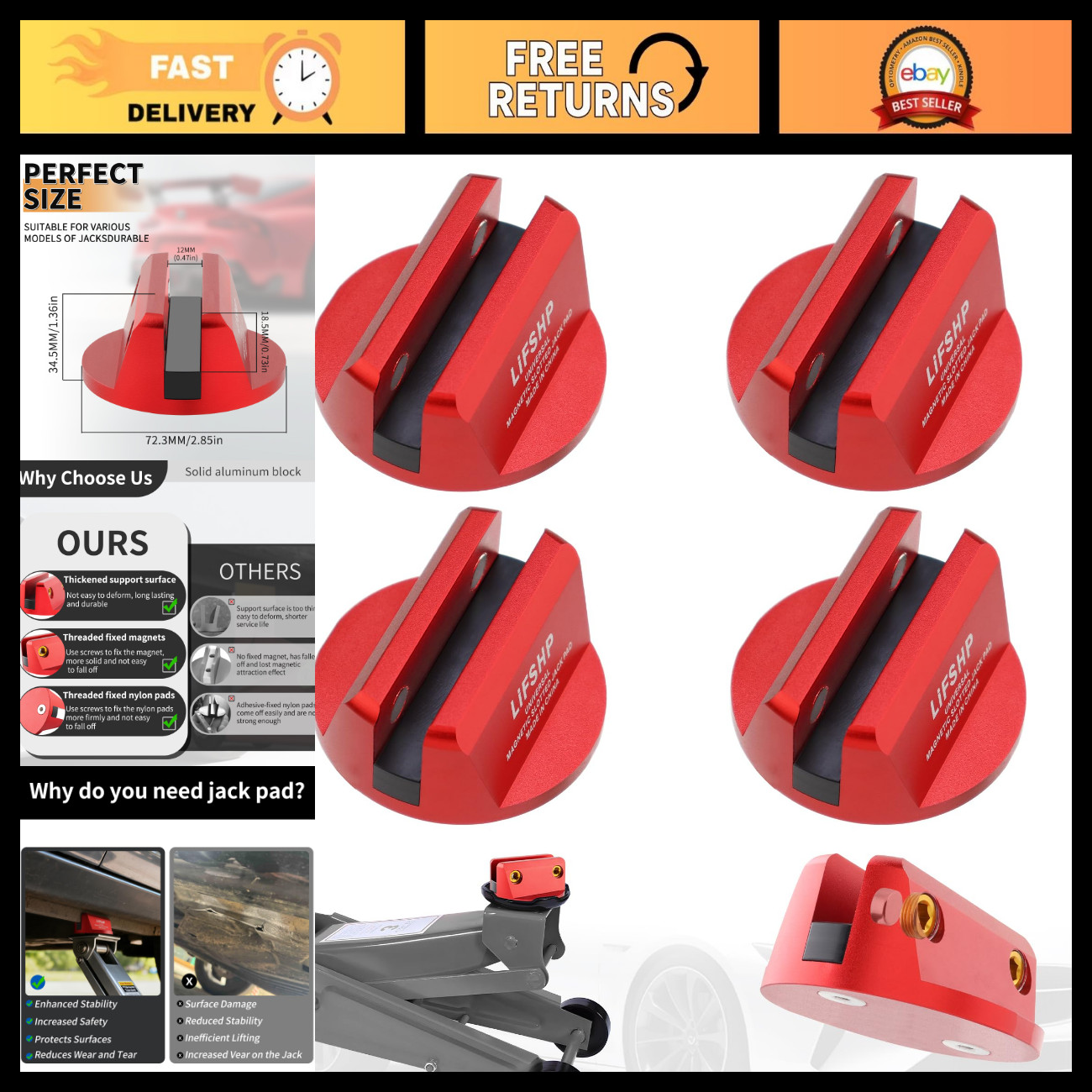4Pcs Universal Magnetic Jack Pad, Aluminum Grooved Pinch Weld Lift Tool - Red