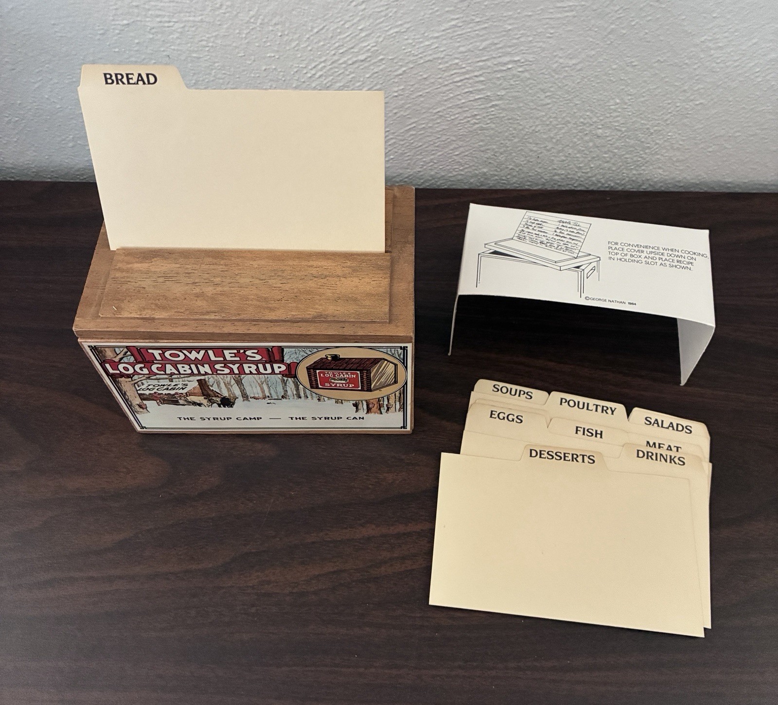 Vintage Rare 1984 Towels Log Cabin Syrup Wood Promotional Recipe Box