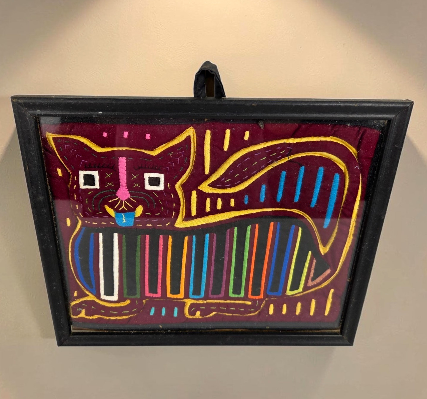 Vintage Kuna Mola Cat Textile Folk Art Panama Hand Sewn Applique Framed Guna