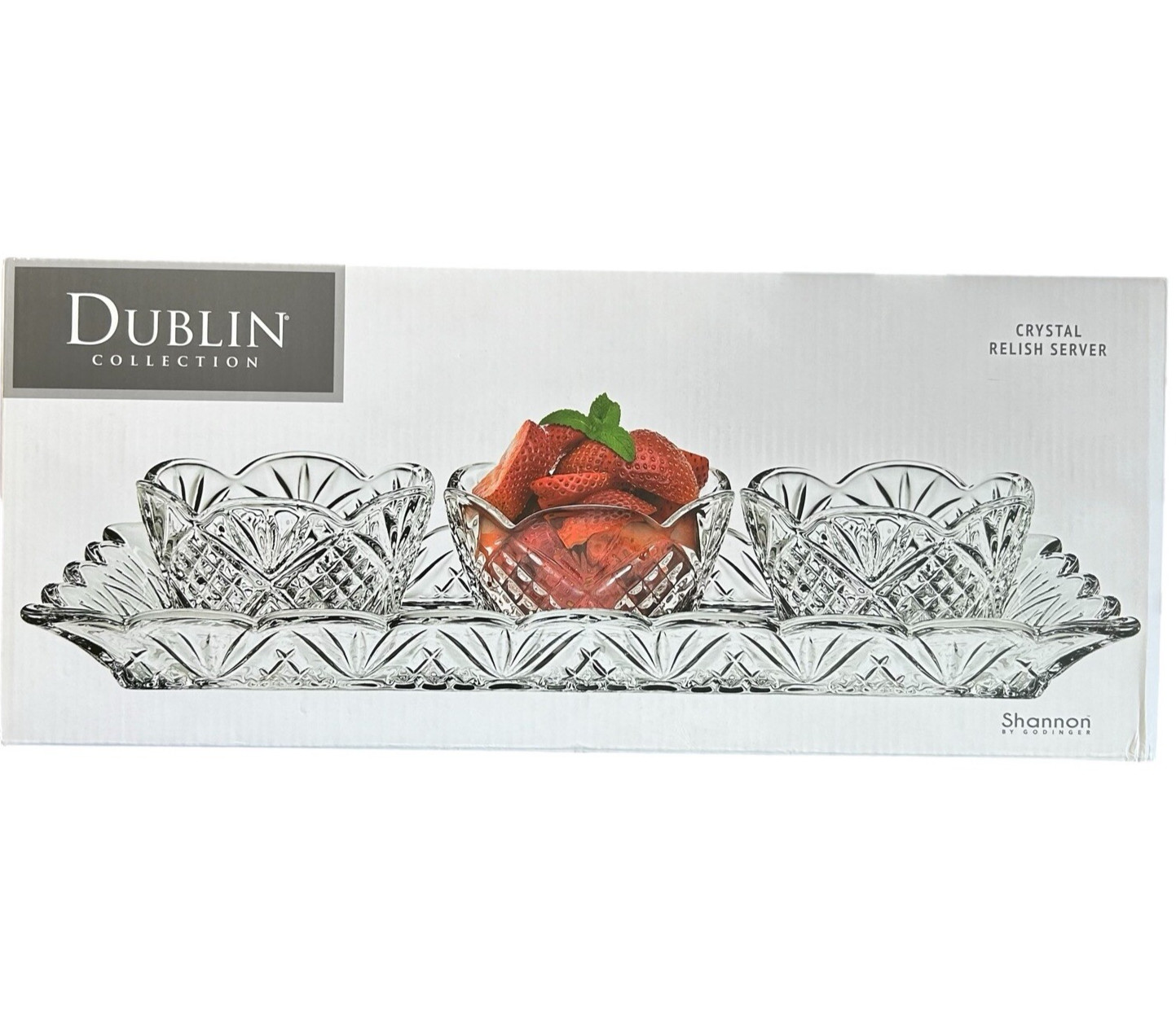 Crystal Glass Relish Olive Service Dishes (3) w/ 16” Tray Godinger Dublin NIB