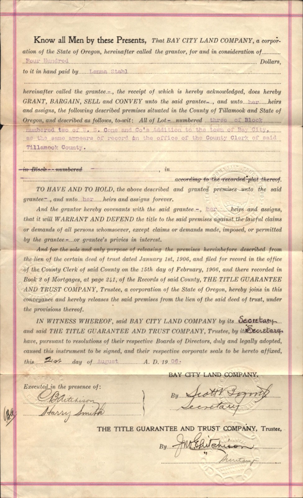 1906 BAY CITY, OREGON Tillamook County land purchase document WARRANTY DEED