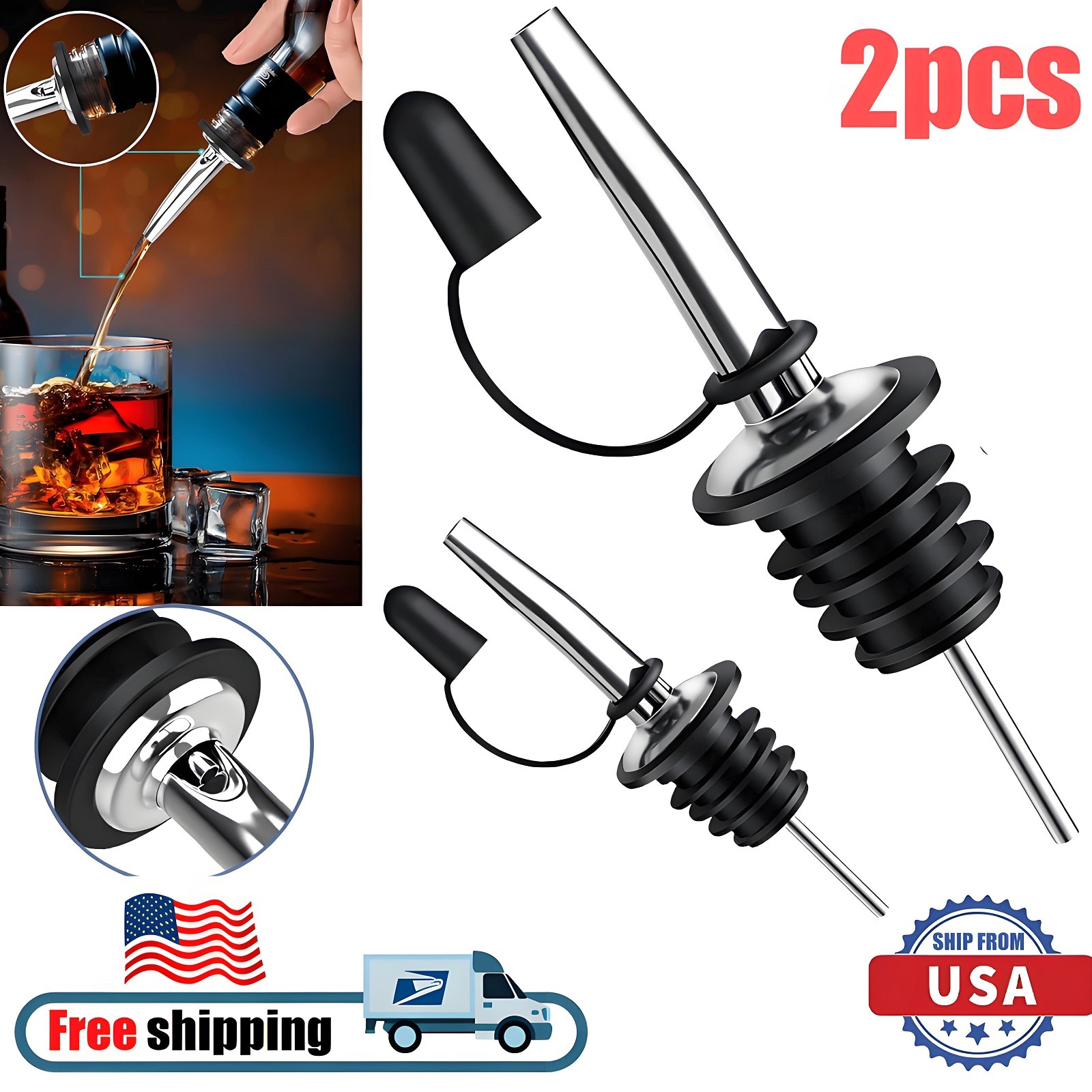 2Pcs Liquor Pour Spout Stainless Steel Classic Bottle Pourers with Rubber USA