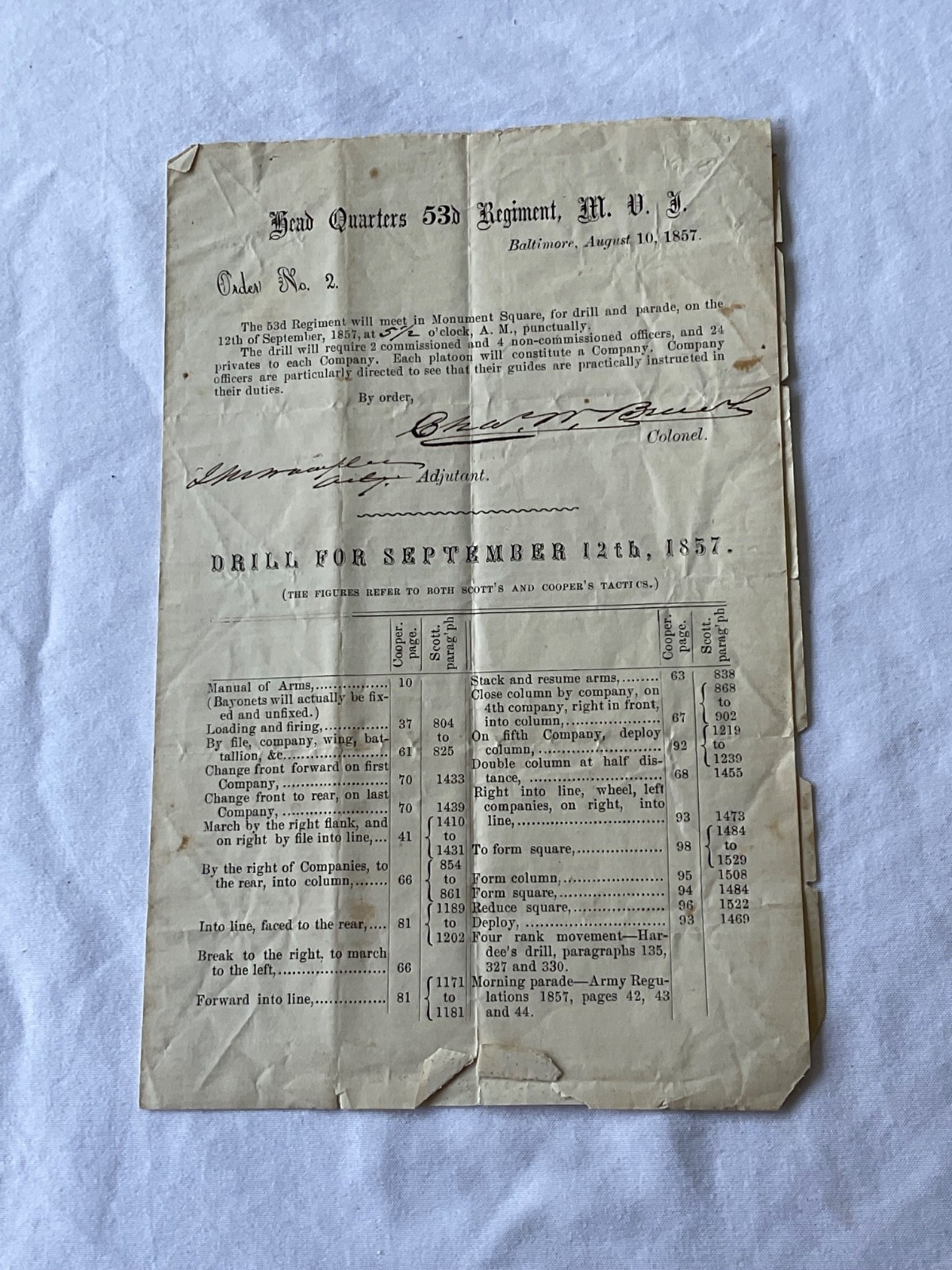 PRE CIVIL WAR MARYLAND MILITIA DRILL ORDER AUGUST 1857 SGN 53d RGT BALTIMORE.