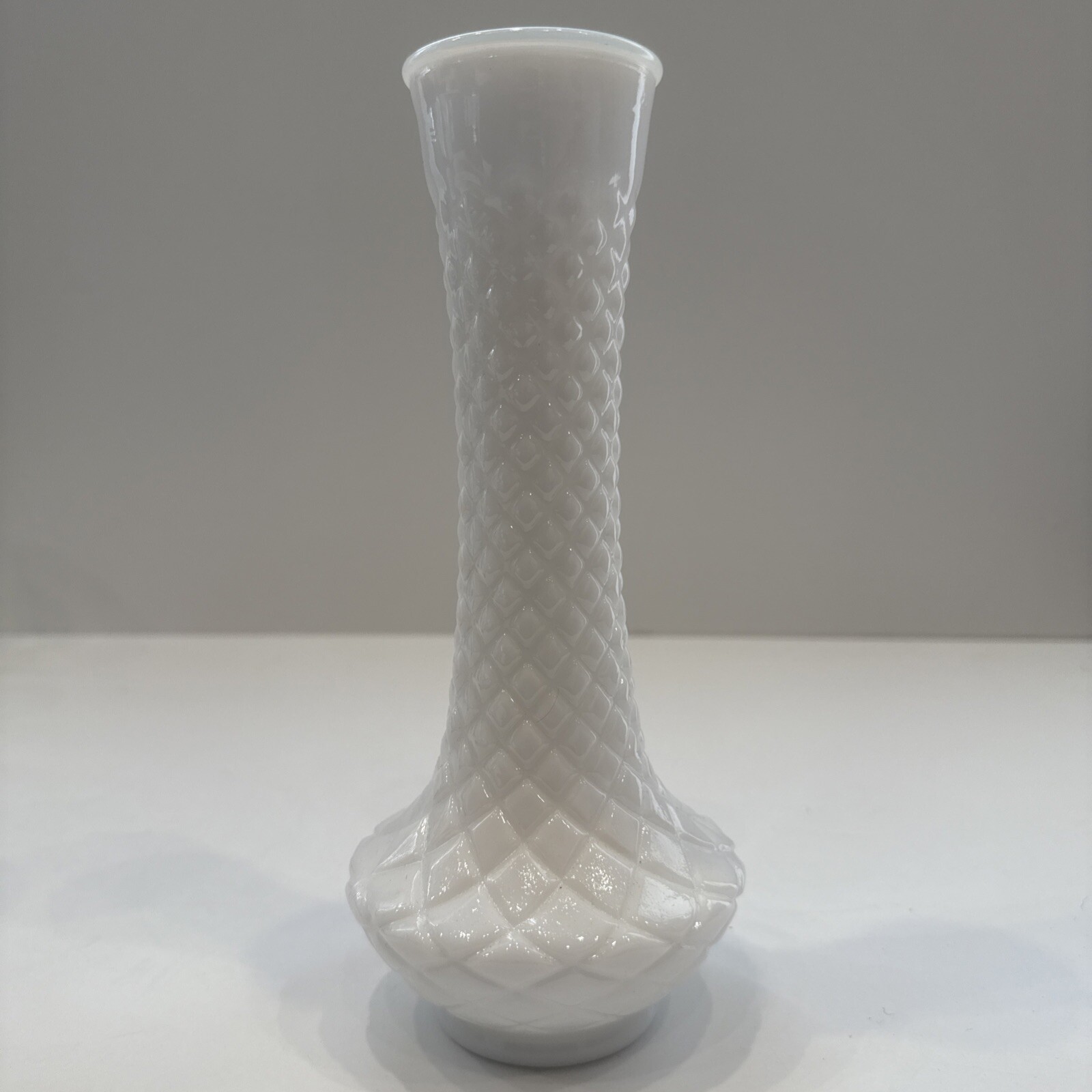Vintage Randall White Milk Glass Bud Vase Glass Quilted Diamond Flared Bottom 9\