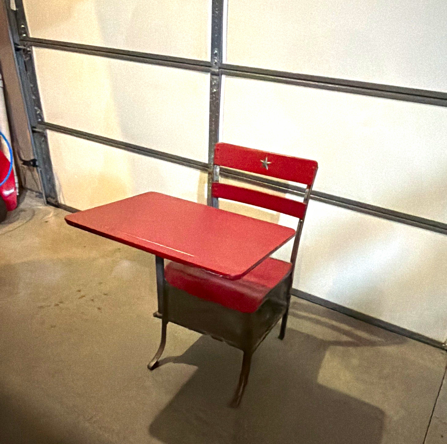 Vintage Student School Chair w/ Attached Writing Tablet Desk, Red Metal