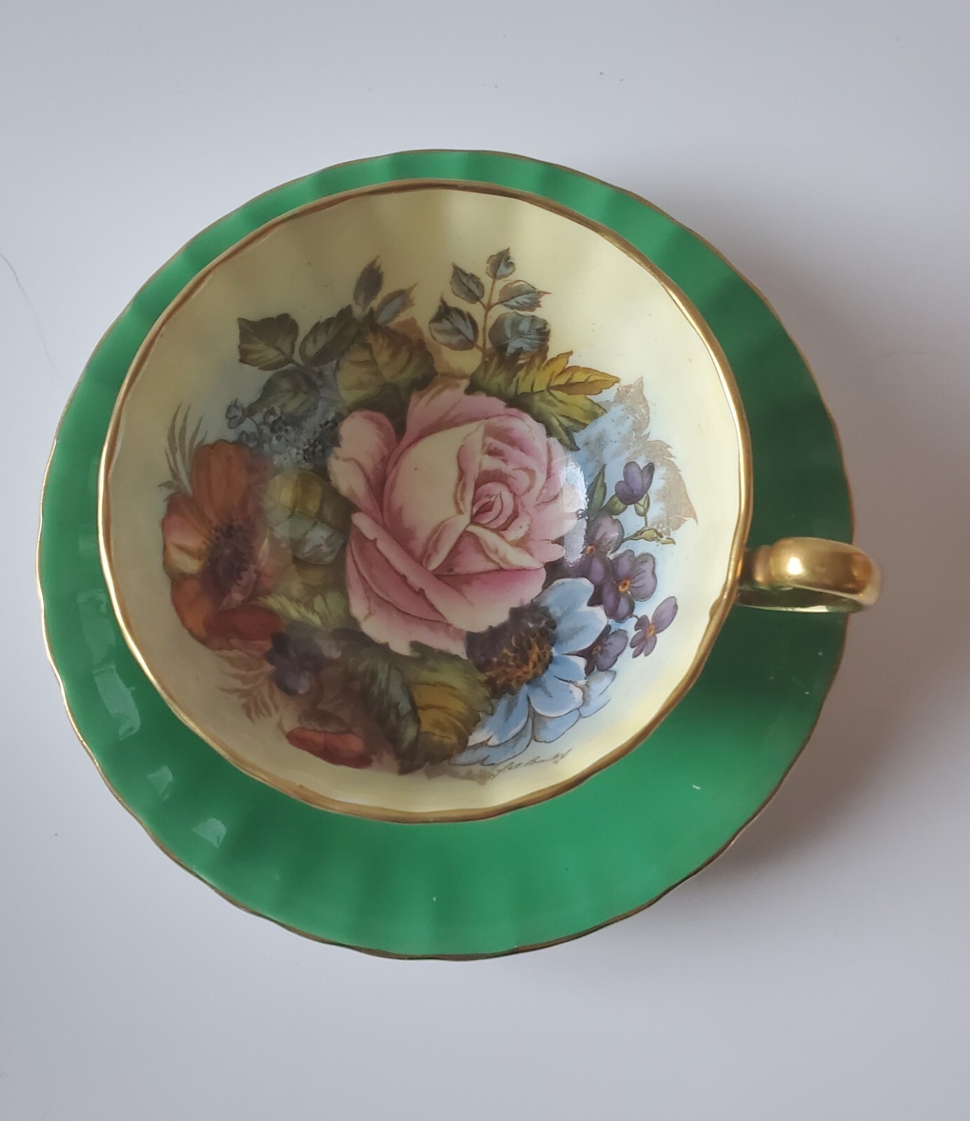 Aynsley Green Cabbage Rose Teacup Saucer Signed J.A. Bailey Vintage England Fine