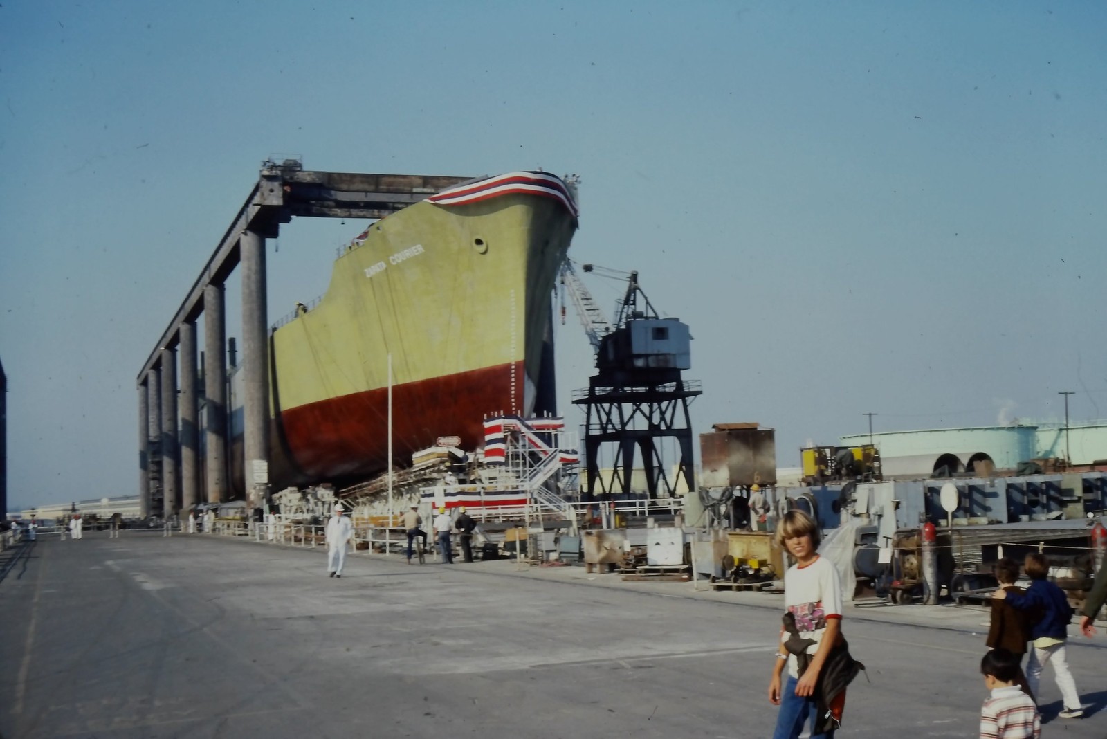 c1970's Kodachrome 35mm Slide, Zapata Courier Ship Launching Dry Dock yellow