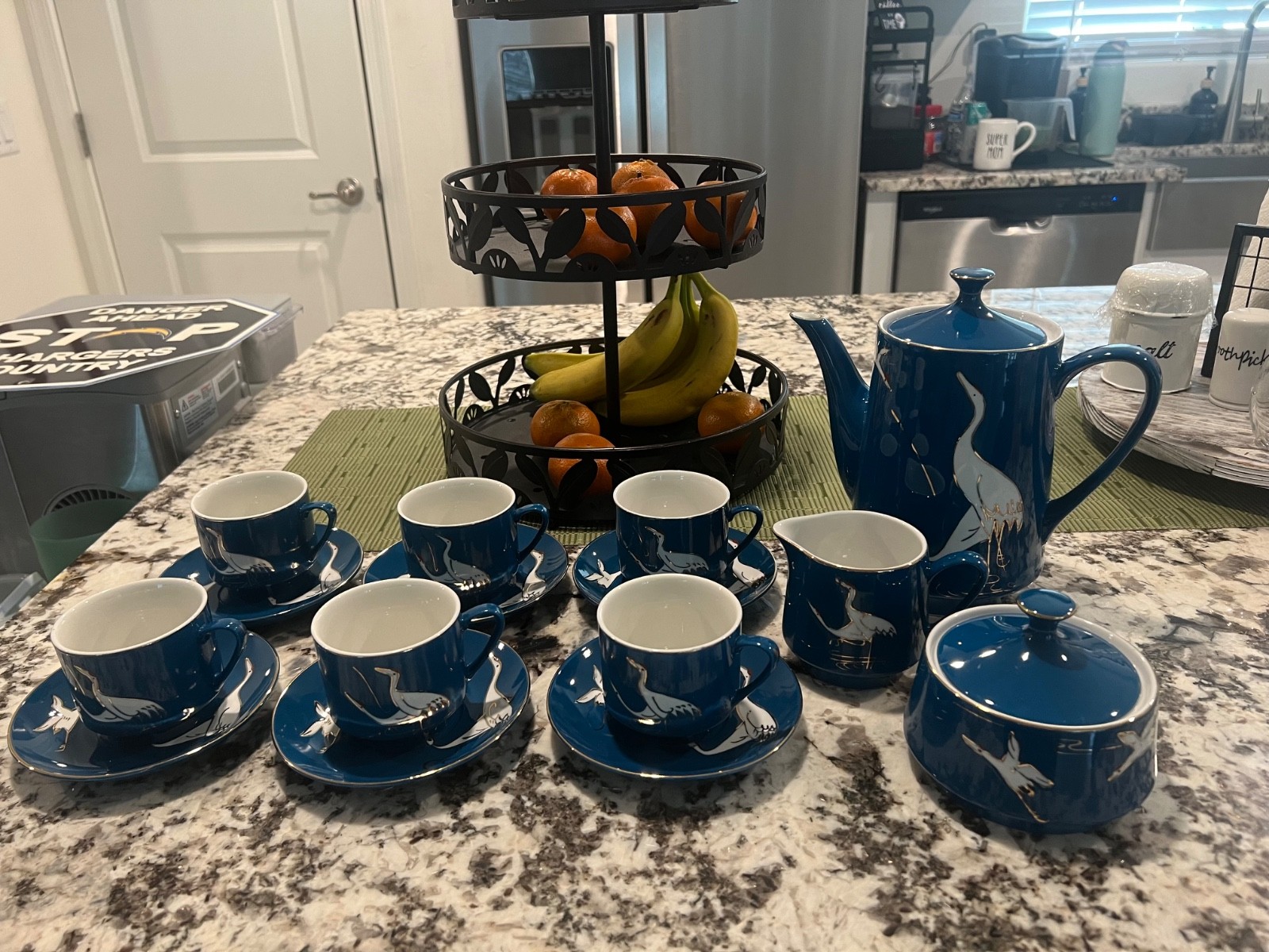 STUNNING 15-PIECE COBALT BLUE & GOLD PLATED CRANE PORCELAIN TEA/COFFEE SET