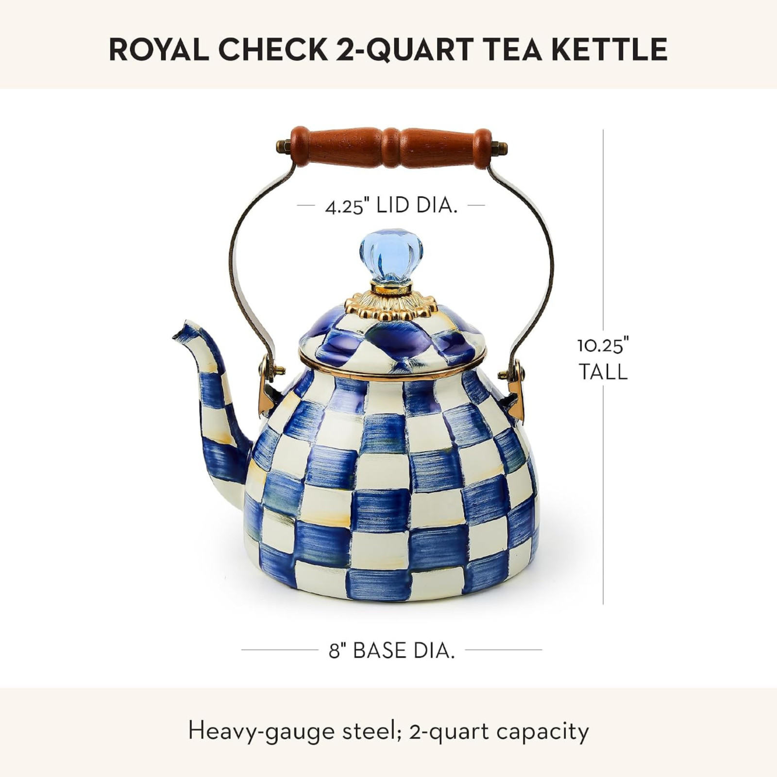 MacKenzie-Childs Royal Check Tea Kettle Blue White Enamel Stovetop