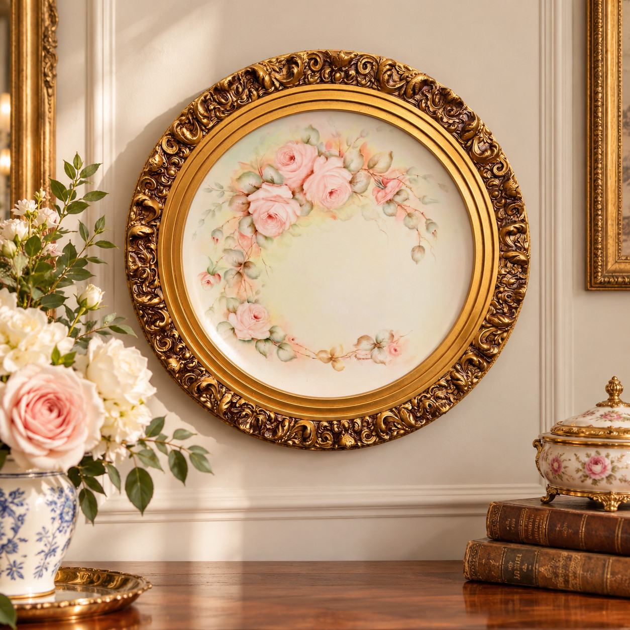 Vintage R.E. Hommel Signed Hand Painted Porcelain Rose Plaque Gold Frame 16”