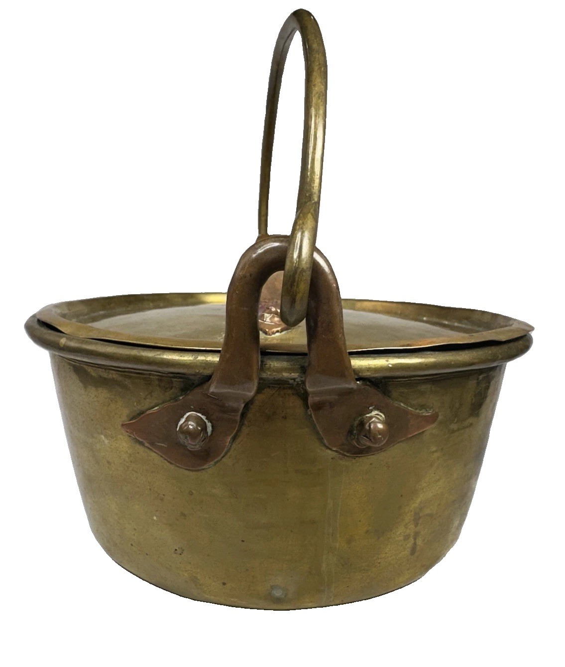 Antique Brass Preserving Pan Copper Lugs Hand Forged Bail Handle Tin Lined 19thc