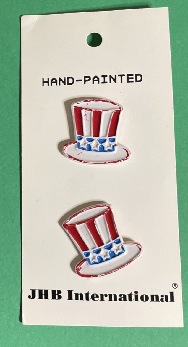 (2) JHB 3/4” PATRIOTIC STOVEPIPE HAT RED WHITE BLUE ALUMINUM SHANK BUTTONS-T914