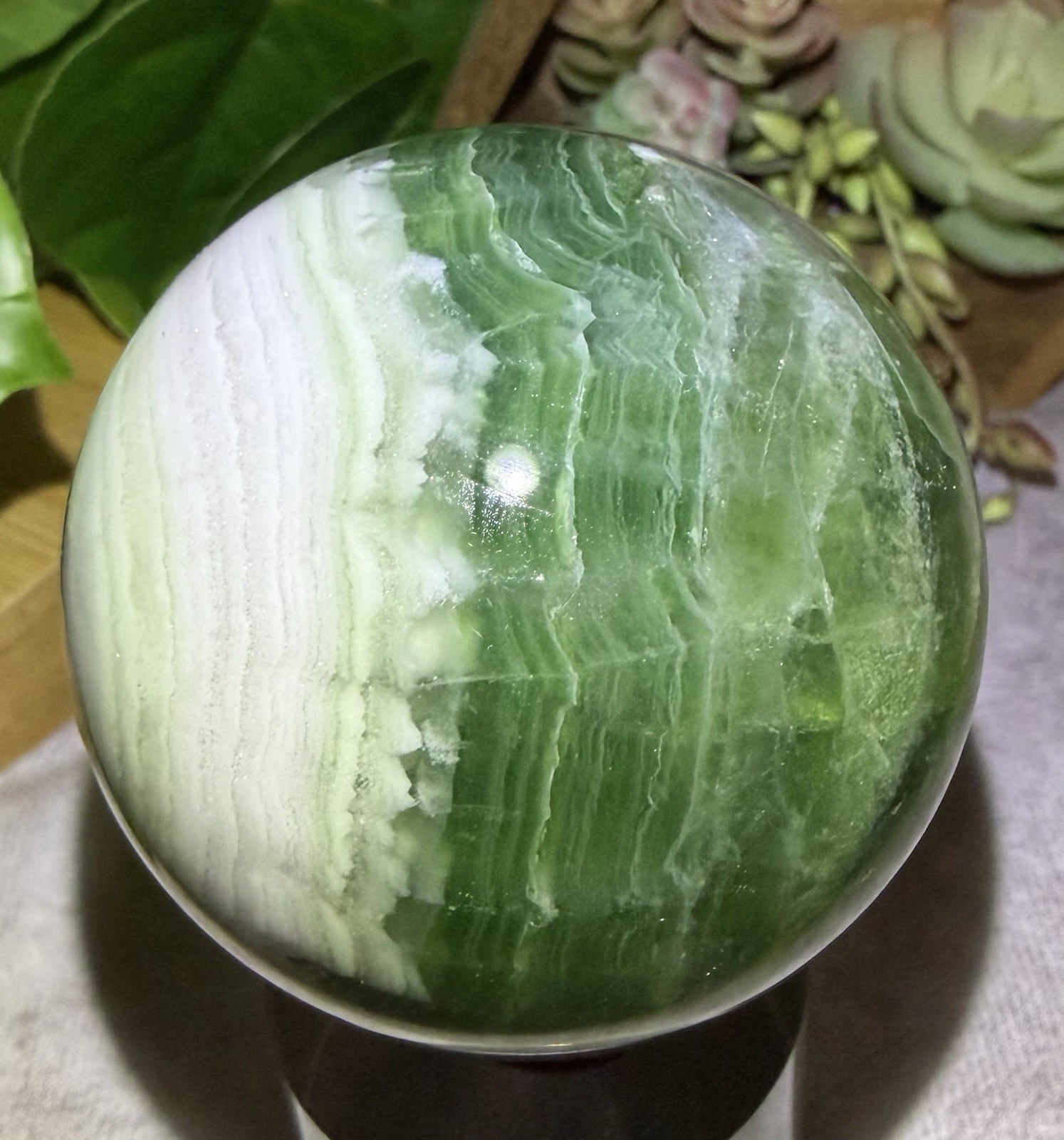 Crystal 66mm UV Reactive Green Silky Fluorite Sphere Orb Ball Globe