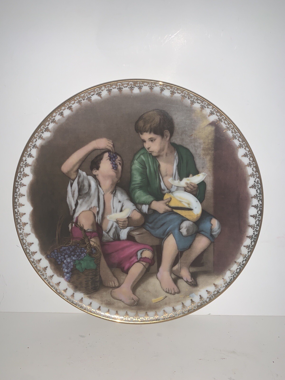 J K W Western Germany Collector Porcelain Art Plate Gold Trim BOYS & Fruit