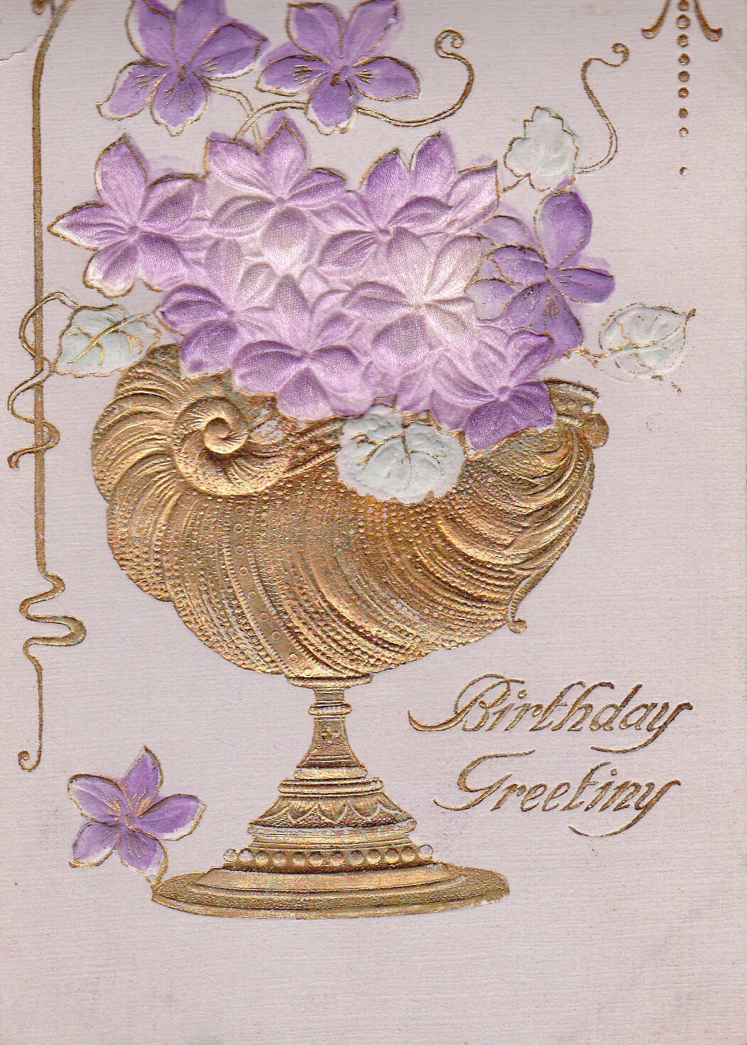 Birthday Greeting - Lavender Violets in Gold Vase - Gold Highlights - Used
