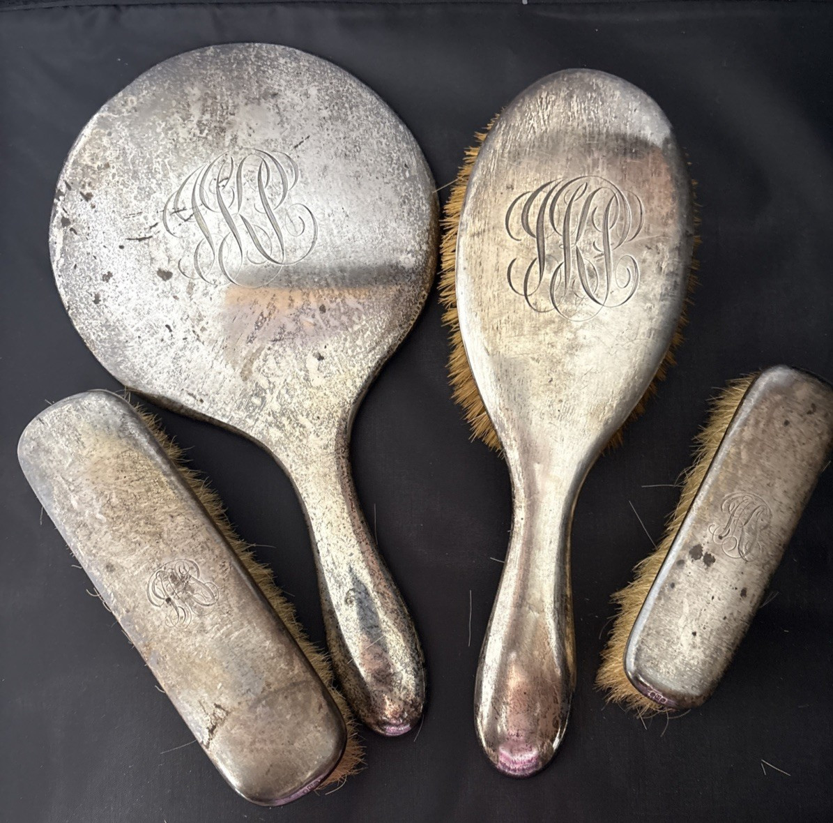 4 Pc Antique Sterling Silver Vanity Set Mirror & 3 Brushes Monogramed Art Deco 4 Pc Antique Sterling Silver Vanity Set Mirror & 3 Brushes Monogramed Art Deco