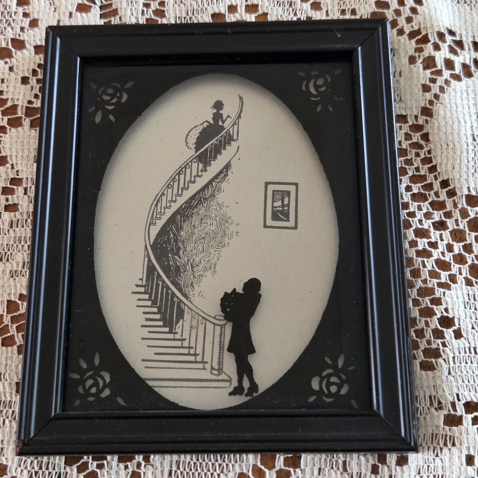 Vtg Reverse Painted Glass Silhouette  