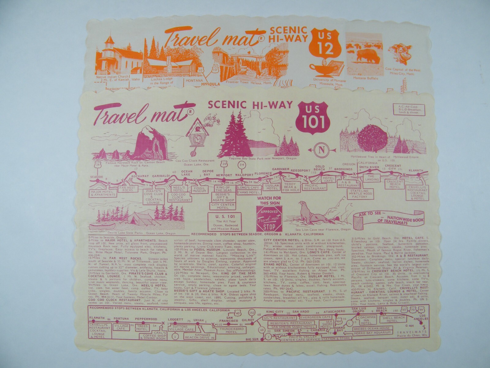(2) VINTAGE SCENIC HI-WAY US 12 / US 101 TRAVEL MAT 14\