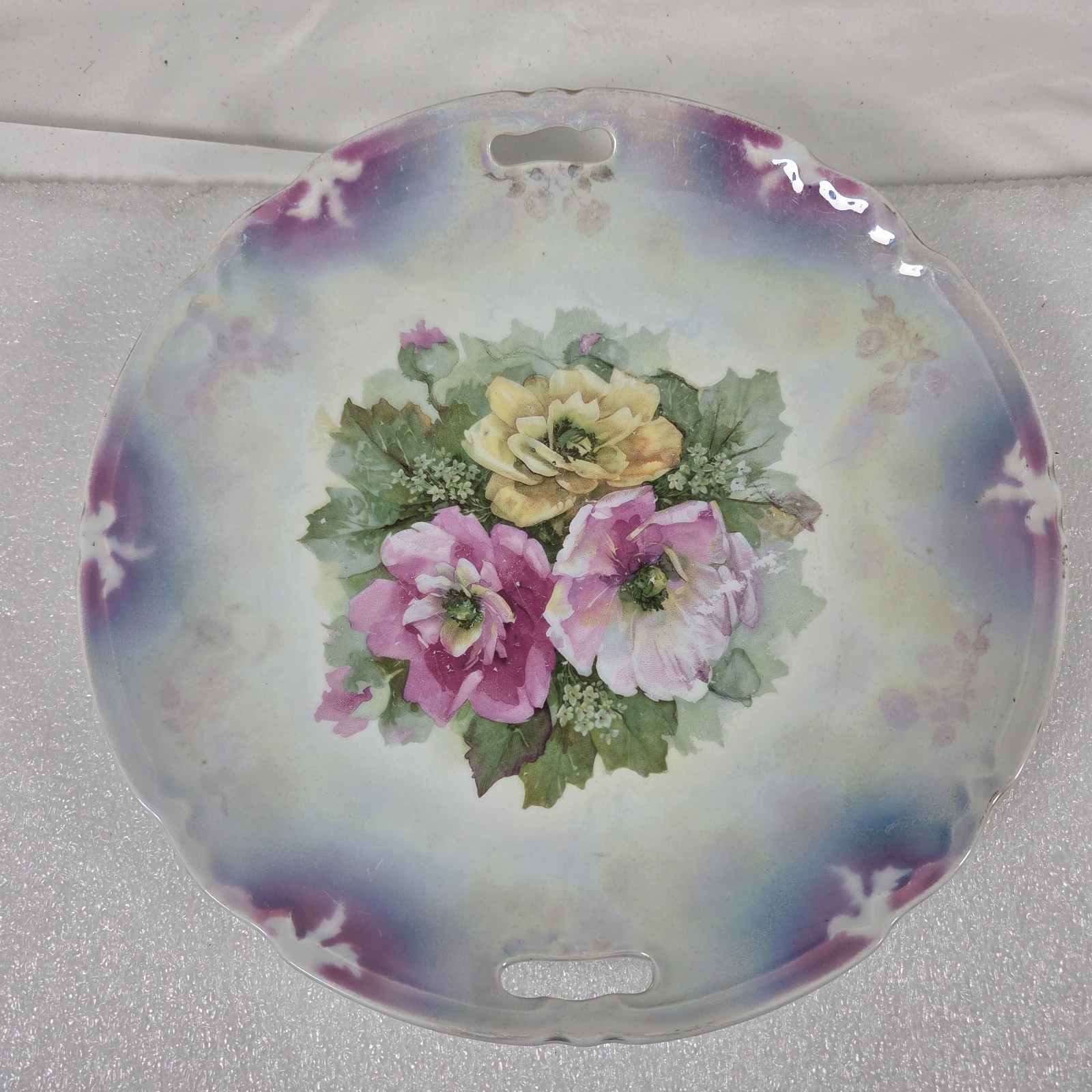 VTG  Bavaria Floral Luster ware Cake Plate Germany Handled 
