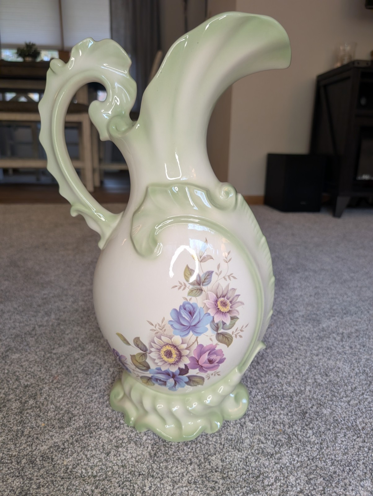 Vintage 1985 Green/White Floral Victorian Iridescent Porcelain Ewer Vase Pitcher