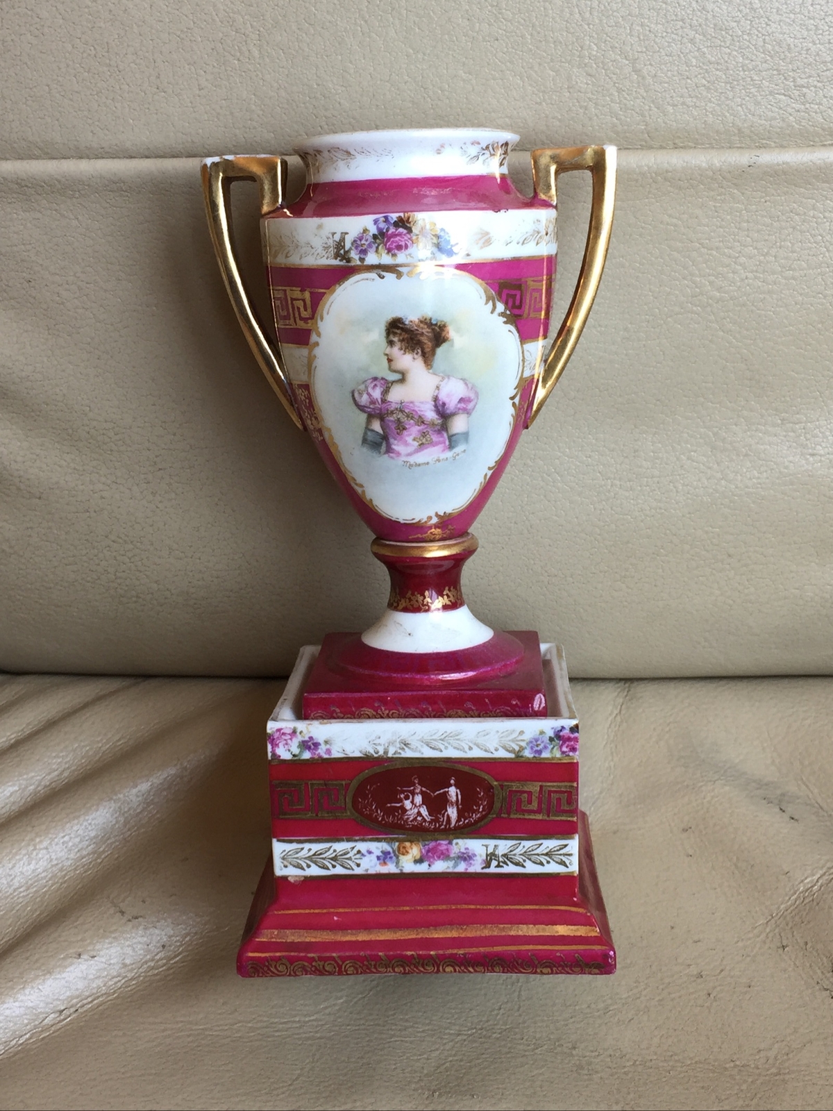 Antique Austrian Royal Vienna Style Handled Portrait Vase 3pc Madame Sans-Gene