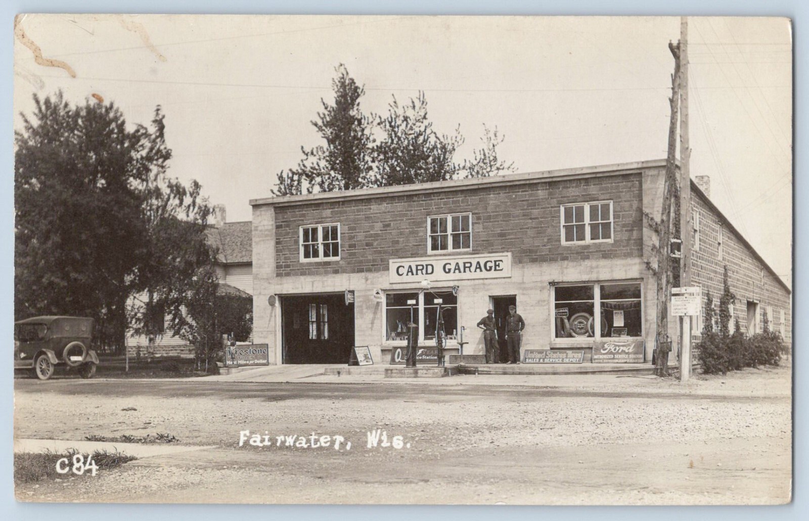 Fairwater Wisconsin WI Card Garage Ford Firestone Real Photo Postcard RPPC c1910