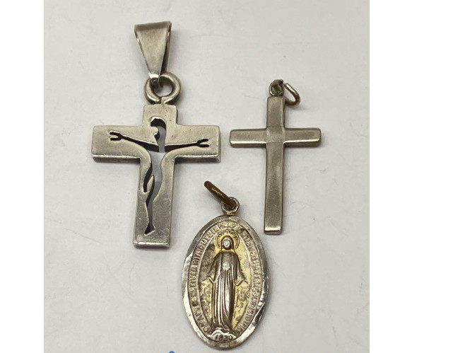 Vintage Silver 925 Religious Pendant Lot 3pc Cross Crucifix Miraculous Meda