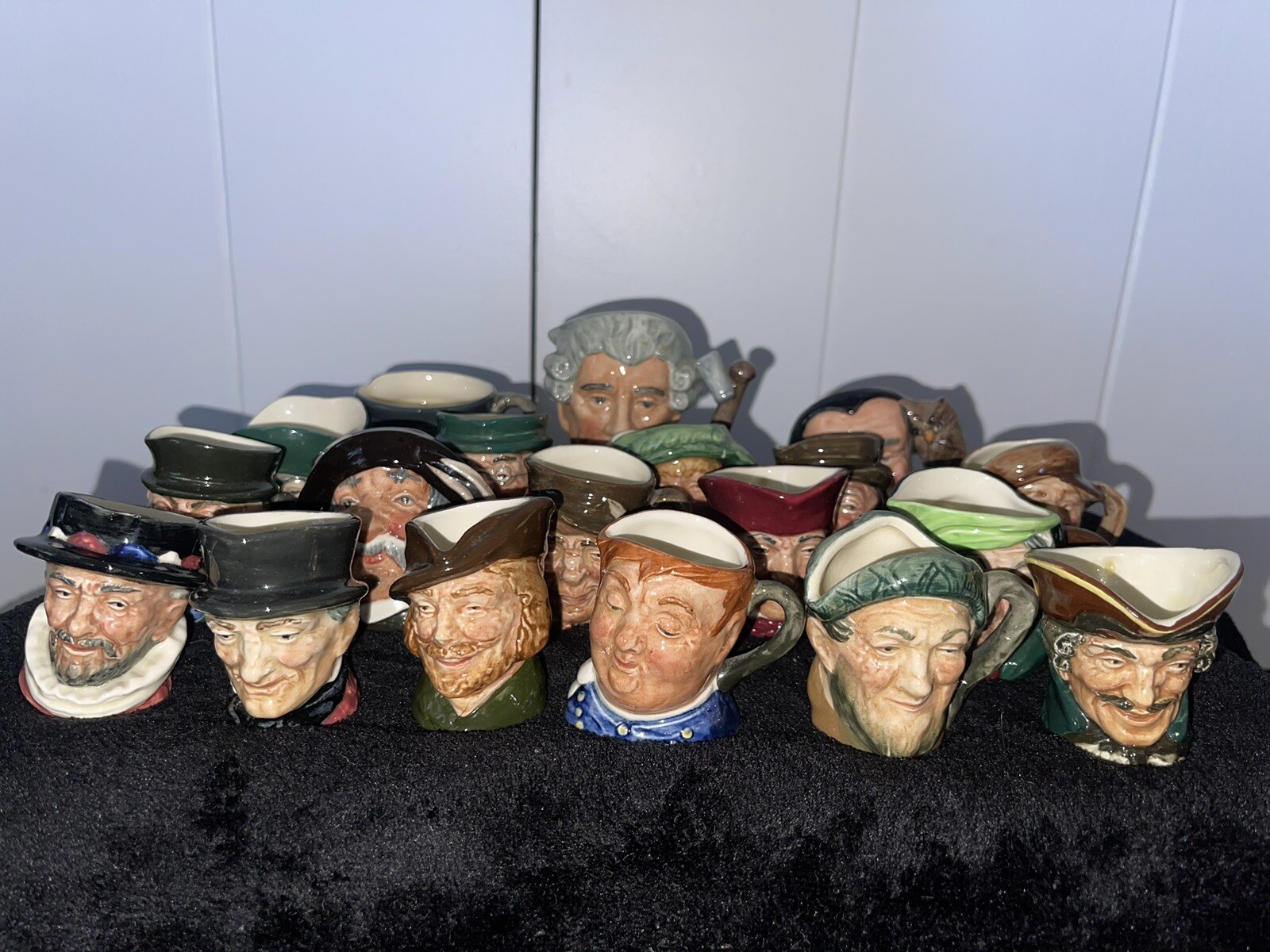 Lot of 19 ROYAL DOULTON Mini Jugs Mugs Merlin W/Owl, Fat Boy, Robin Hood Etc