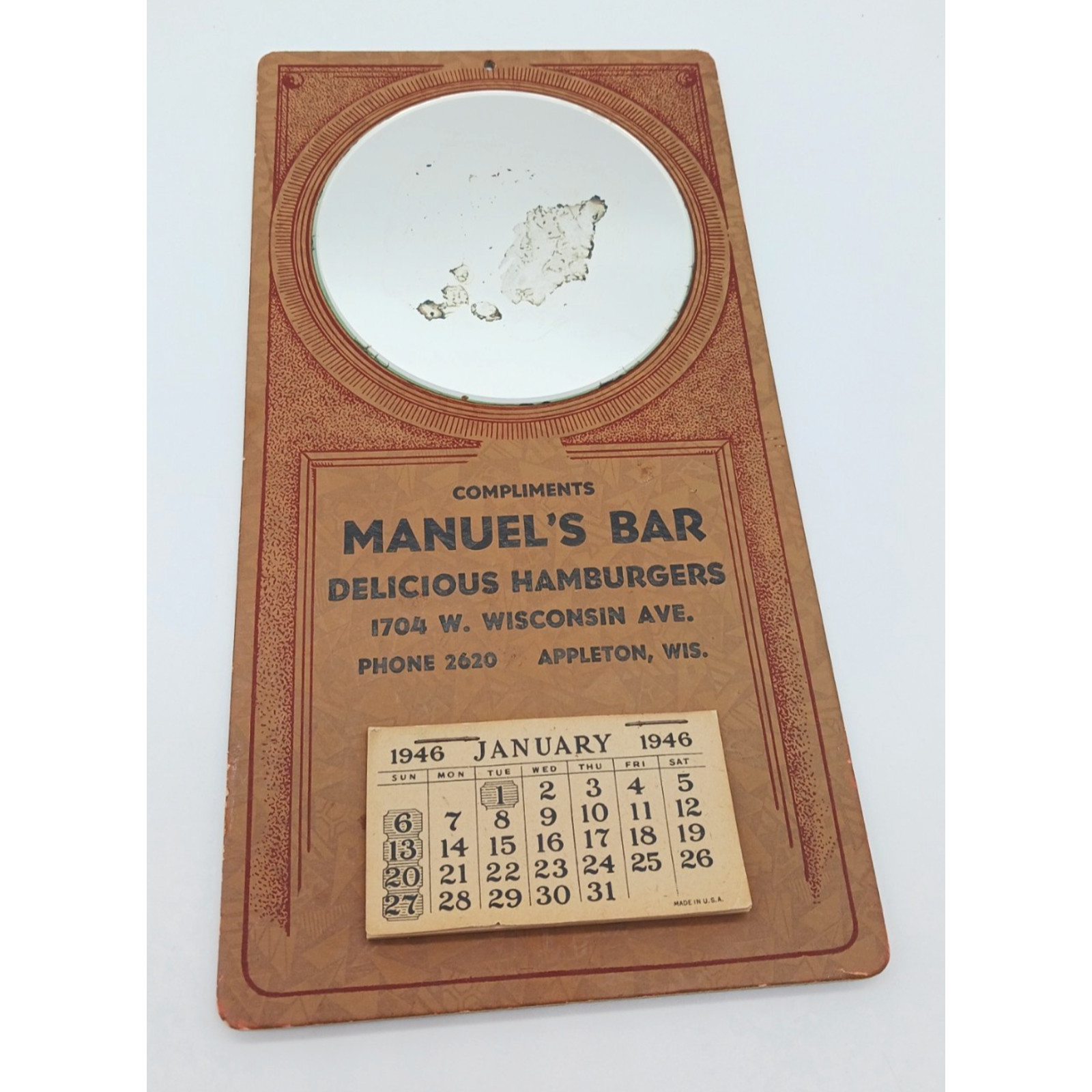1946 Manuel\'s Bar Appleton Wisconsin Hamburgers Wall Calendar W/ Mirror Vtg 1946 Manuel\'s Bar Appleton Wisconsin Hamburgers Wall Calendar W/ Mirror Vtg
