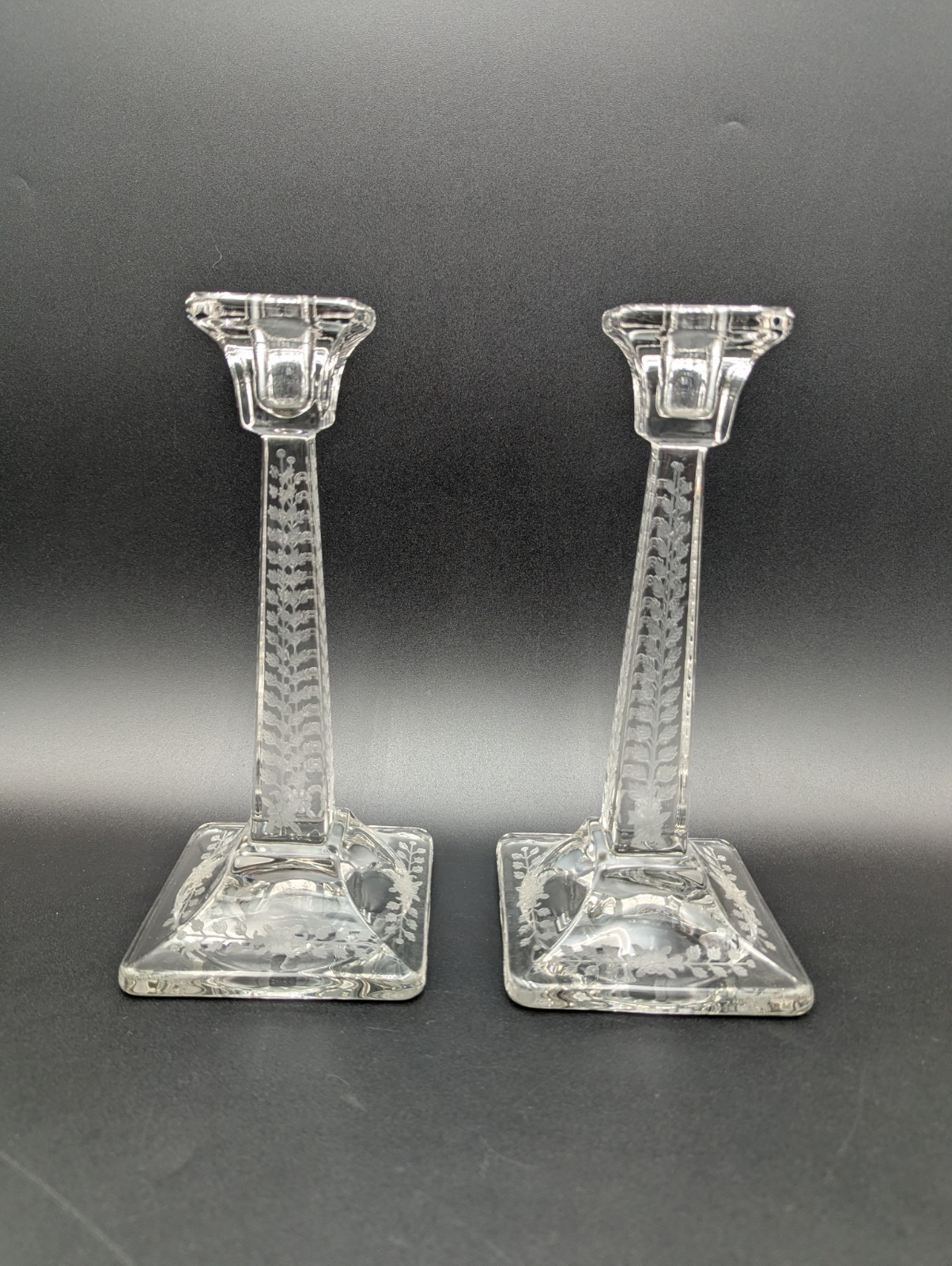 Set of 2 Gorgeous Antique Art Nouveau Etched Glass Column Candle Holders 9.25\ Set of 2 Gorgeous Antique Art Nouveau Etched Glass Column Candle Holders 9.25\
